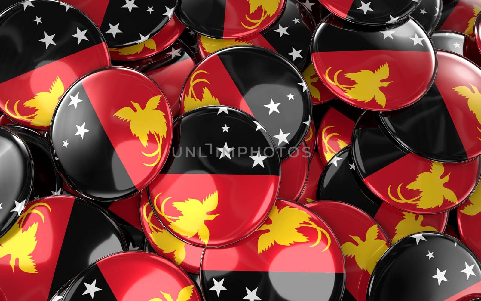 Papua New Guinea Badges Background - Pile of papuan Flag Buttons. 3D Rendering