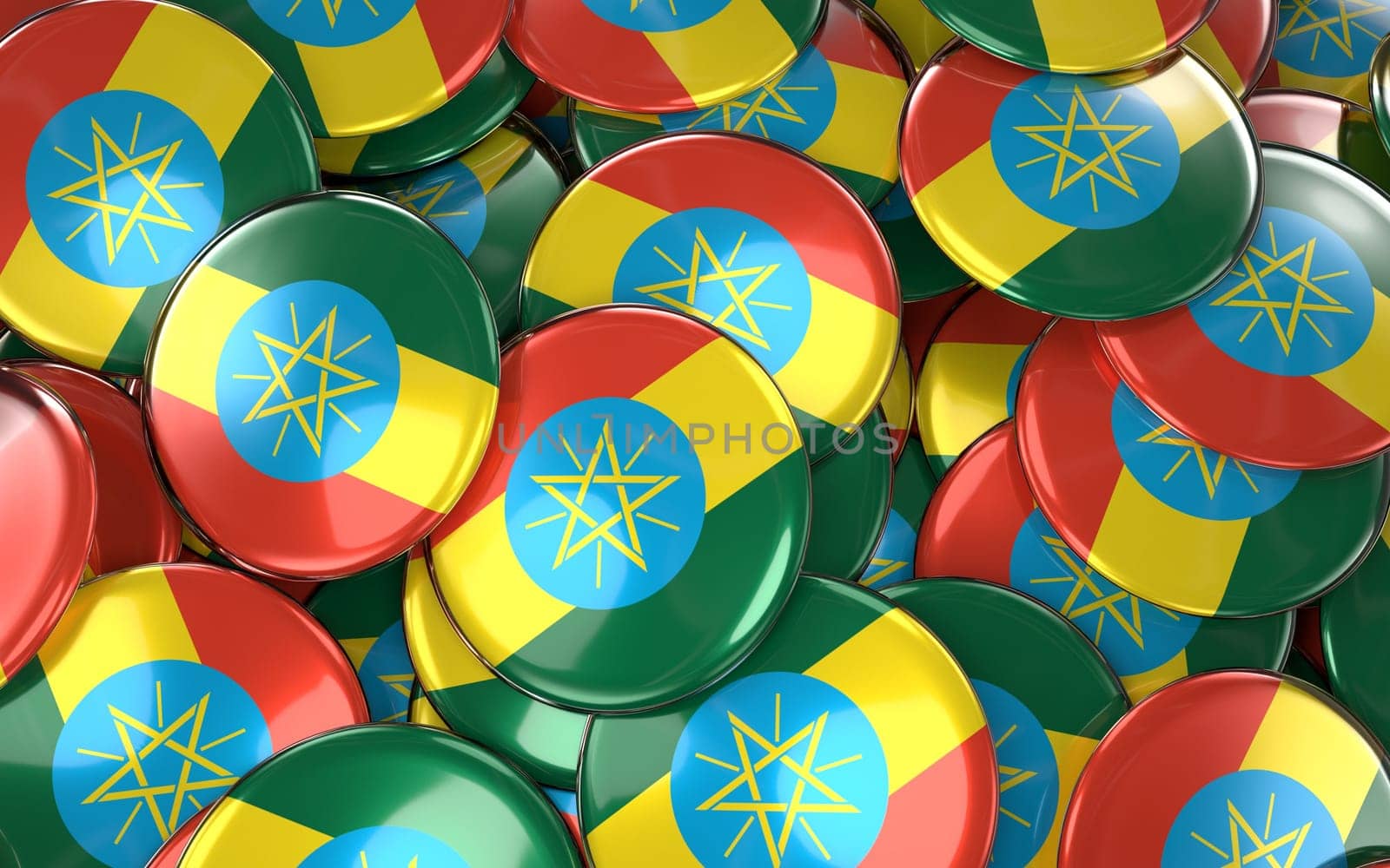 Etiopia Badges Background - Pile of Etiopian Flag Buttons. 3D Rendering