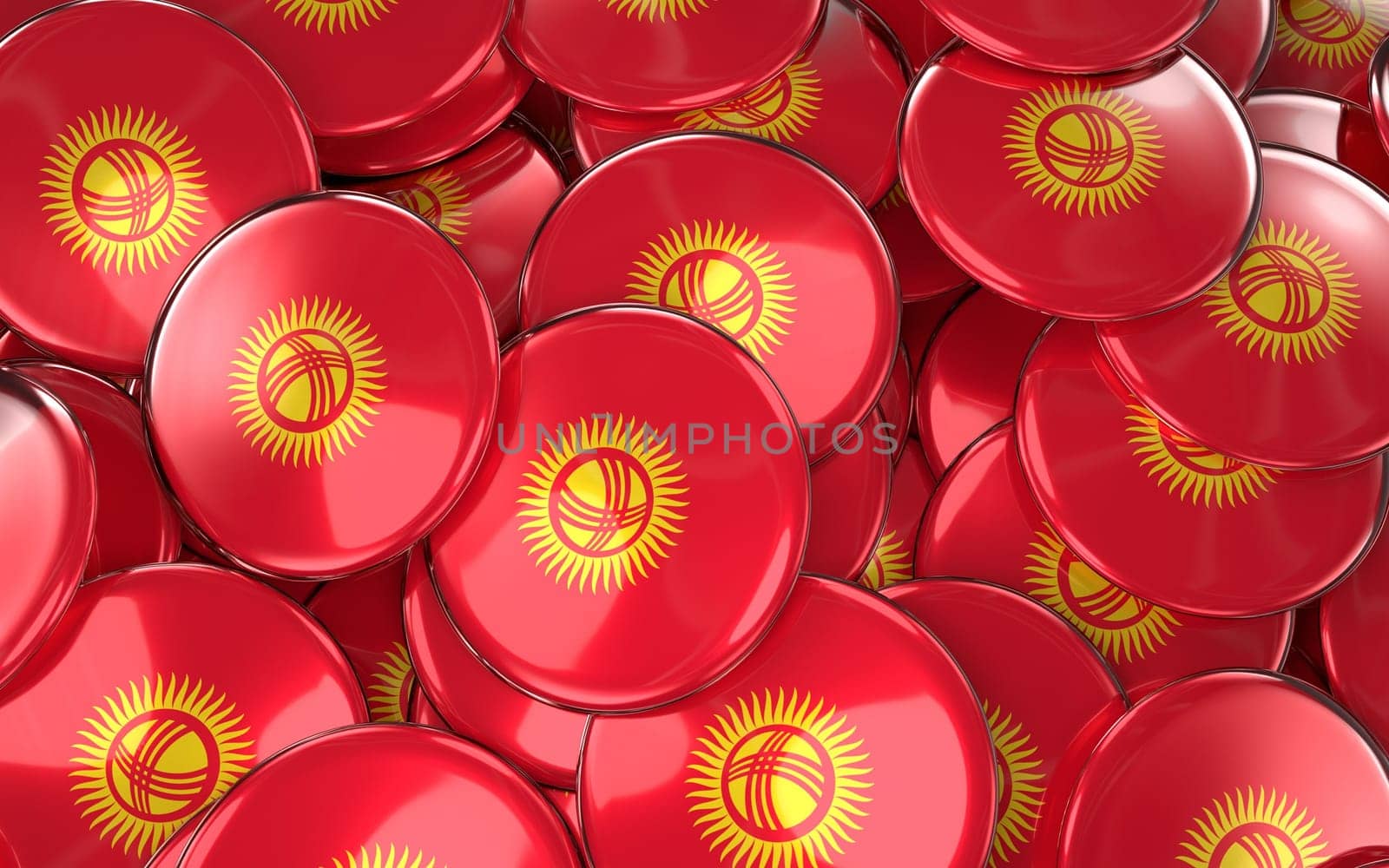 Kyrgyzstan Badges Background - Pile of Kyrgyzstani Flag Buttons. 3D Rendering