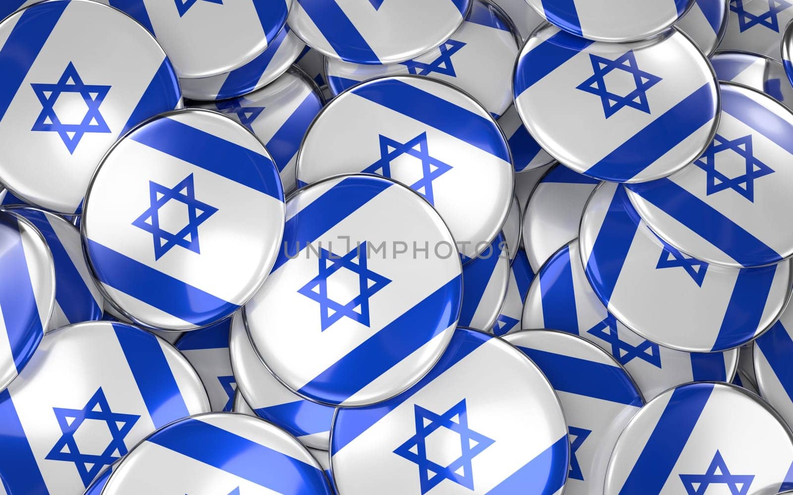 Israel Badges Background - Pile of Israeli Flag Buttons. 3D Rendering