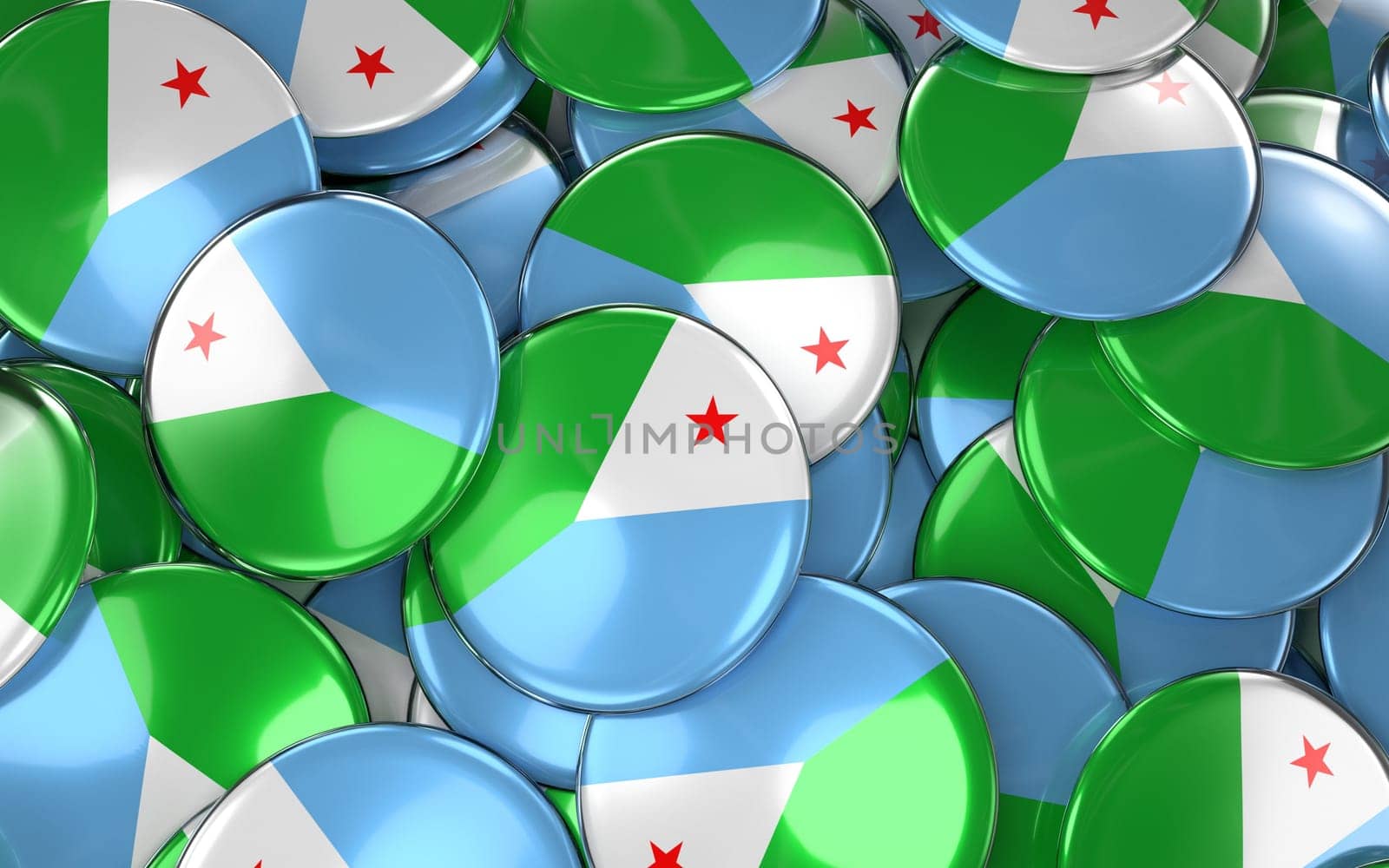 Djibouti Badges Background - Pile of Djiboutian Flag Buttons. 3D Rendering