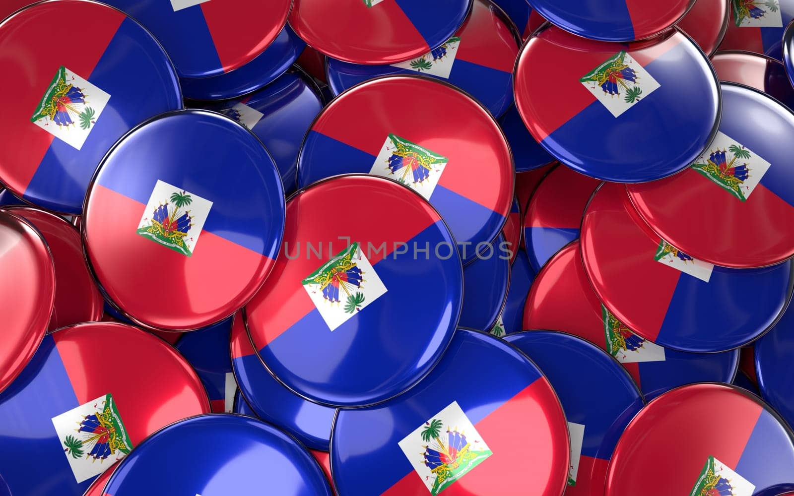 Haiti Badges Background - Pile of Haitian Flag Buttons. 3D Rendering