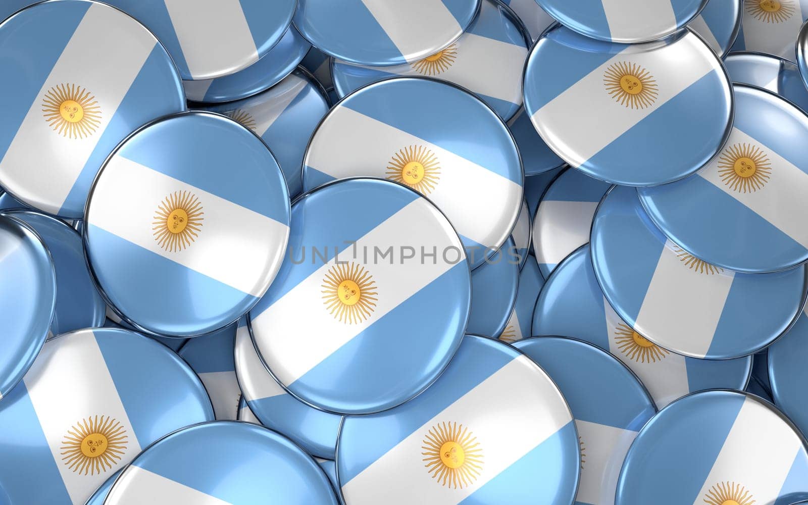 Argentina Badges Background - Pile of Argentinean Flag Buttons. 3D Rendering