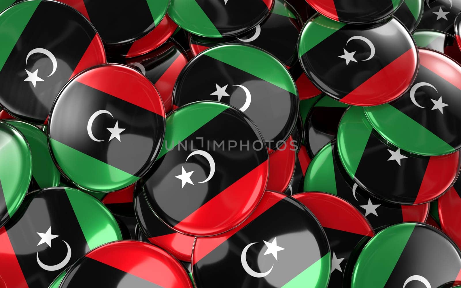 Libya Badges Background - Pile of Libyan Flag Buttons. 3D Rendering
