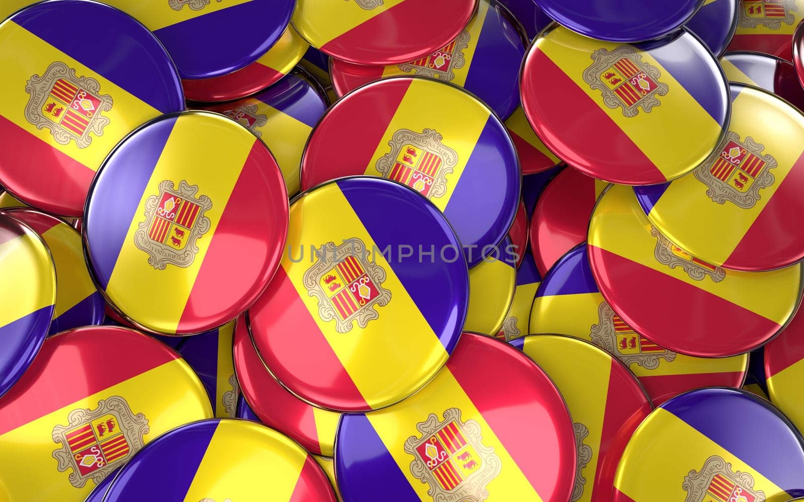Andorra Badges Background - Pile of Andorran Flag Buttons. 3D Rendering