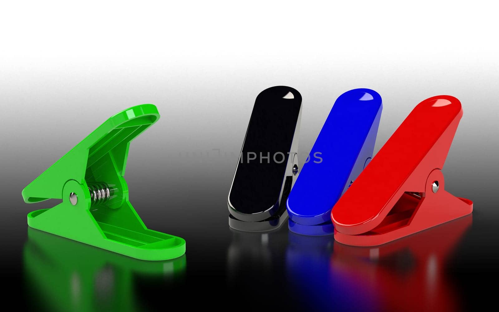 Several clippers of different colours placed on the grey background. 3D rendering