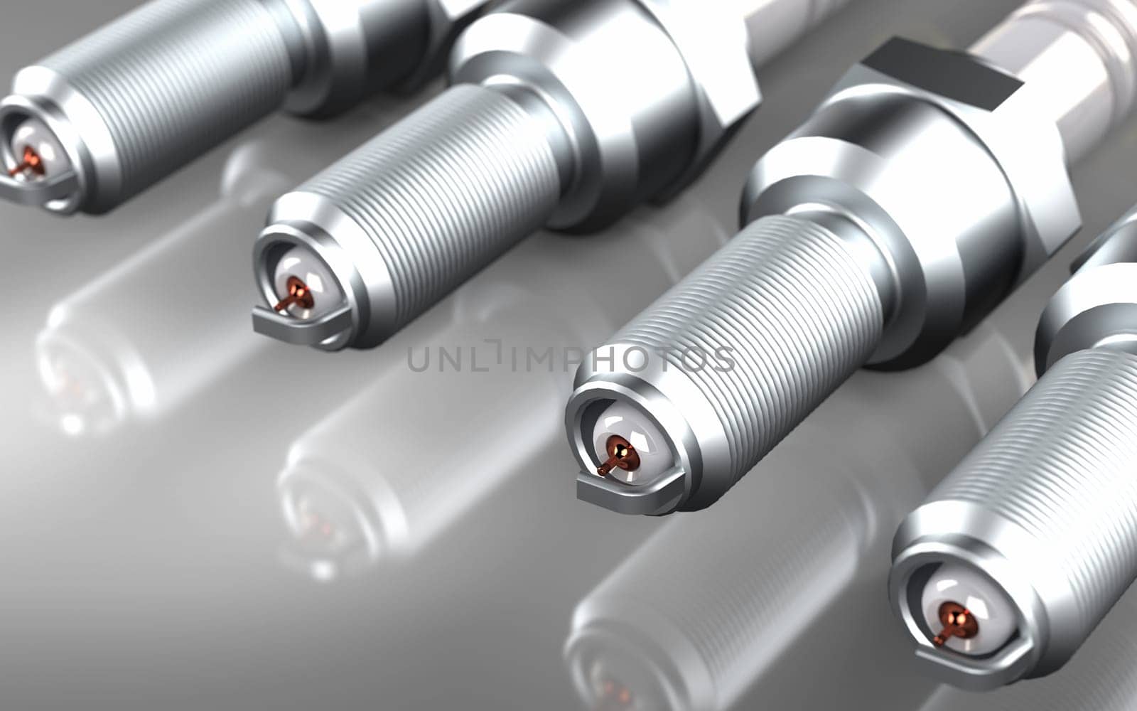 Several spark plugs on the grey background. 3D rendering.