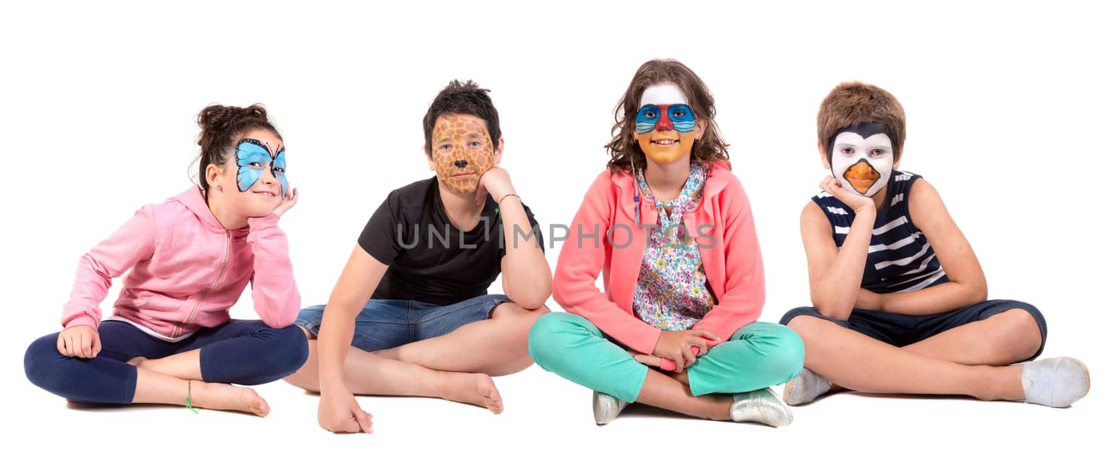 Children's group with animal face-paint isolated in white