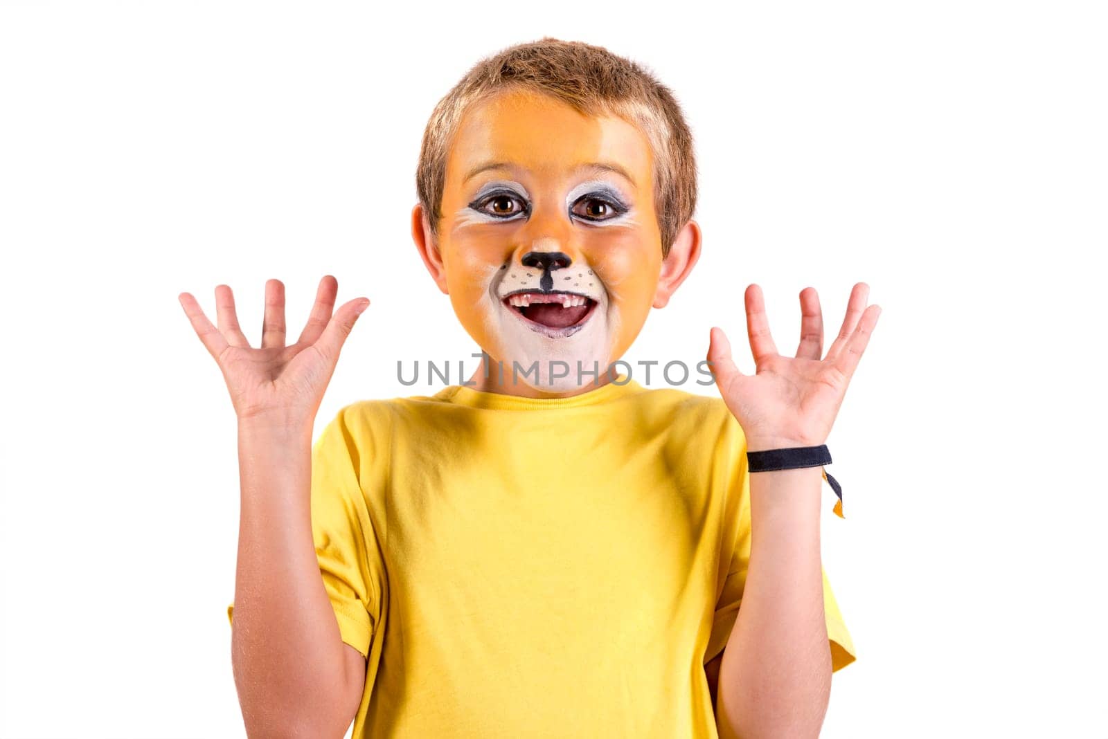 Boy with lion face-paint behind a white board