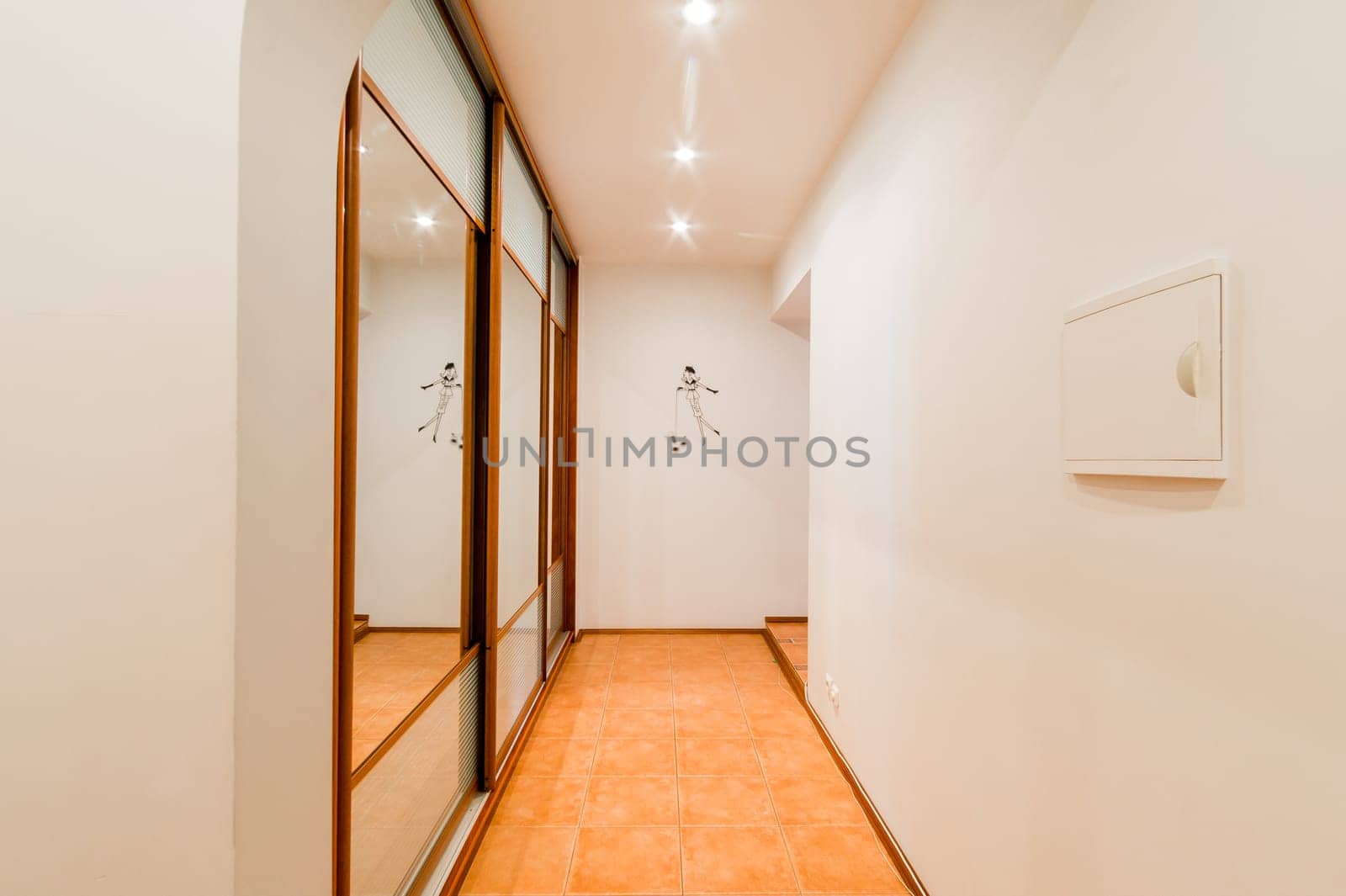 Russia, Moscow- August 01, 2019: interior room apartment. standard repair decoration in hostel. corridor, hallway, doors and mirrors