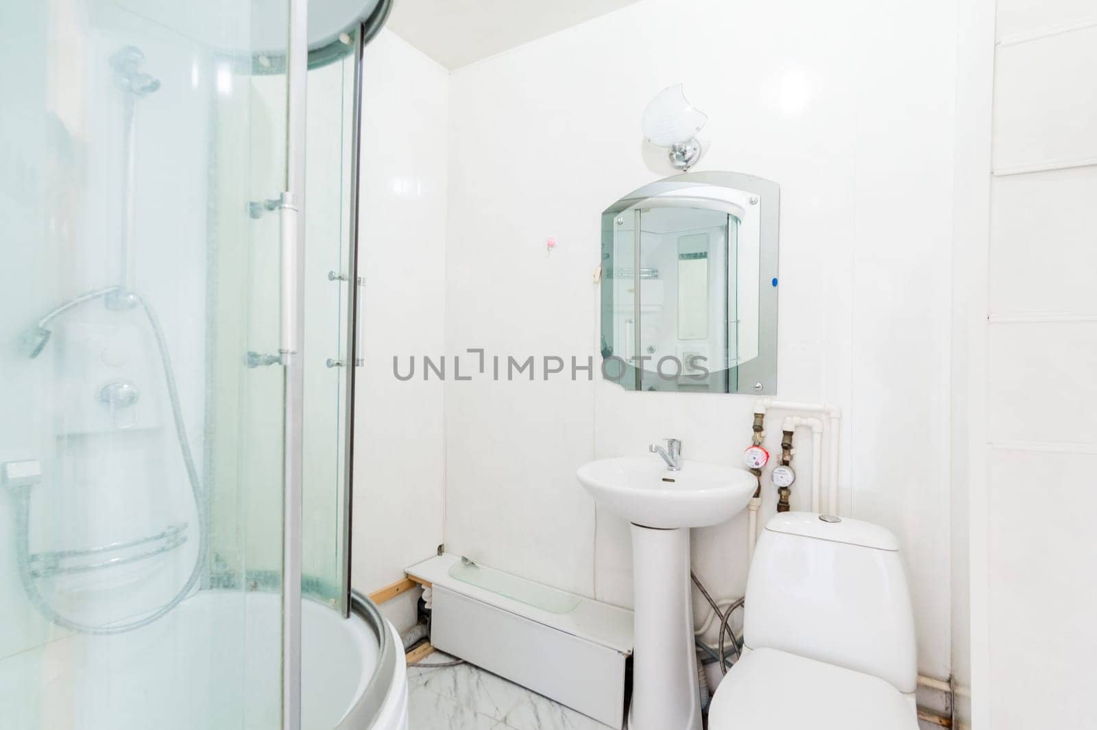 Russia, Moscow- August 01, 2019: interior room apartment. bathroom, sink, decoration elements, toilet