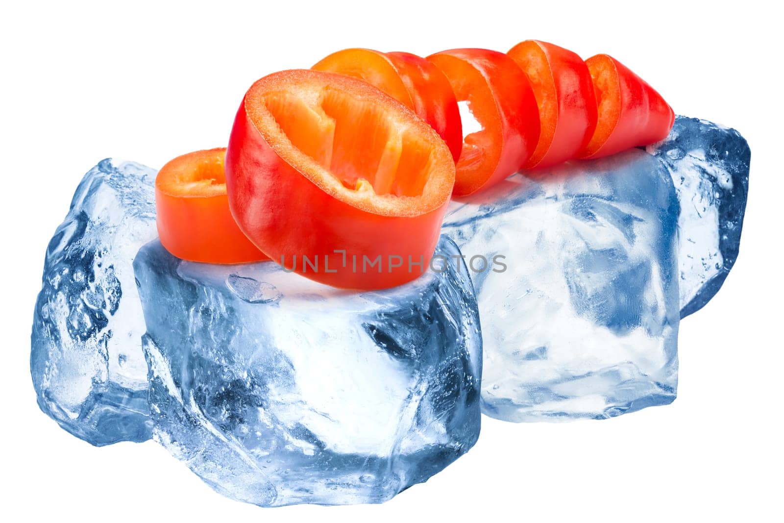 Whole hot chile pepper freezing on roughly crushed ice