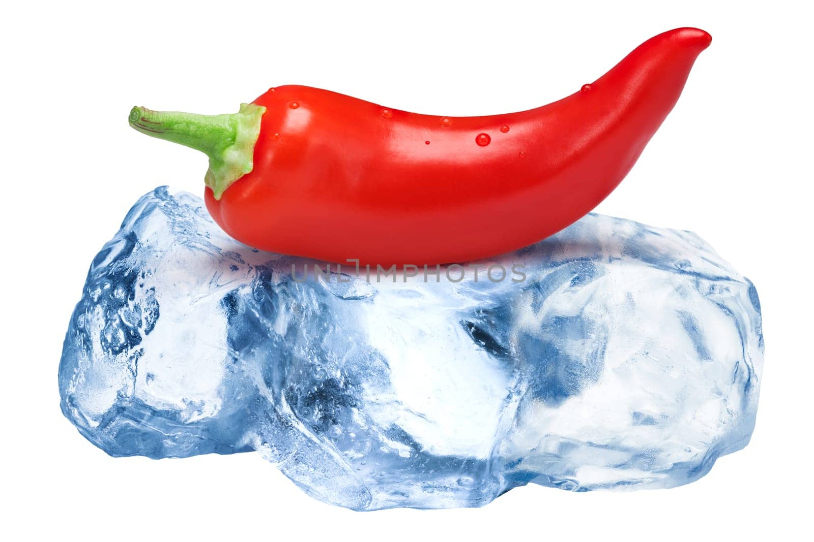 Whole hot chile pepper freezing on roughly crushed ice