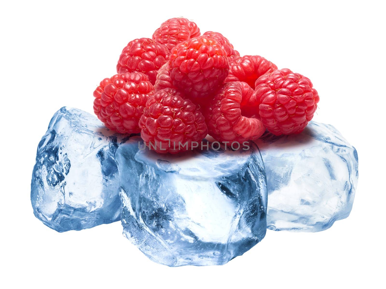 Pile of raspberries freezing on rough crushed ice