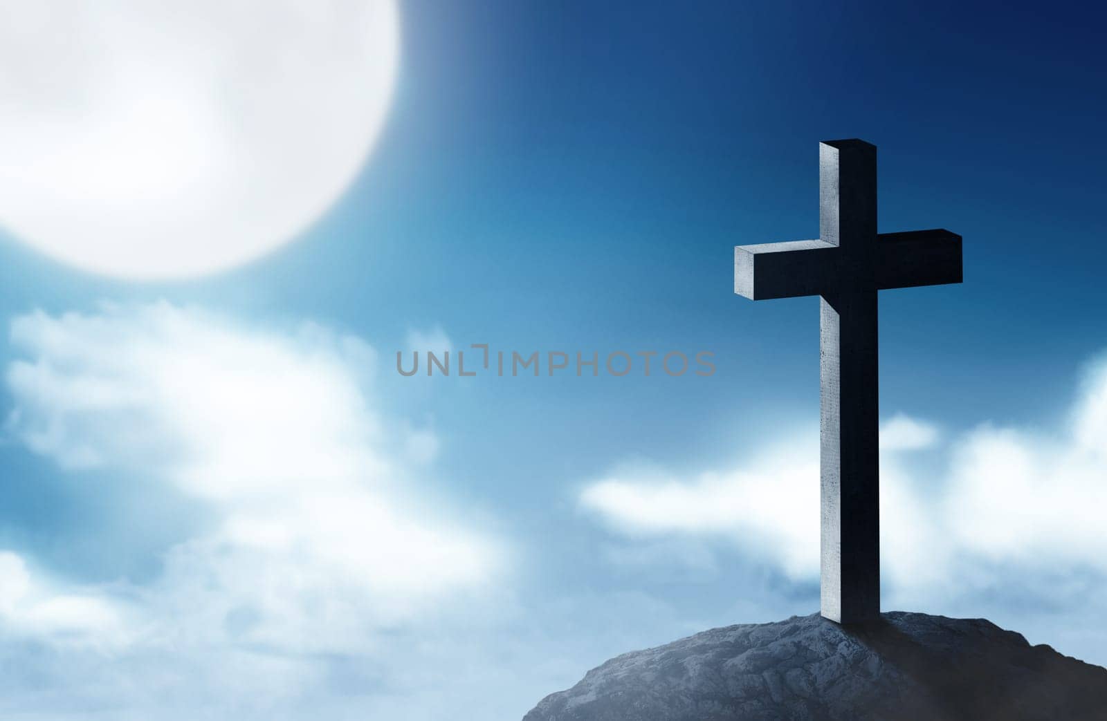 Christian cross on the top of the hills with moonlight background