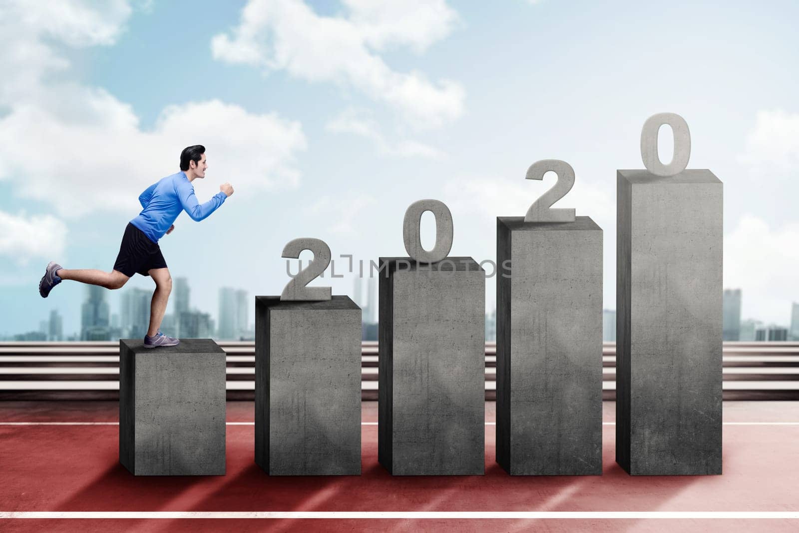 Asian man running on the 2020 stairs. Happy New Year 2020