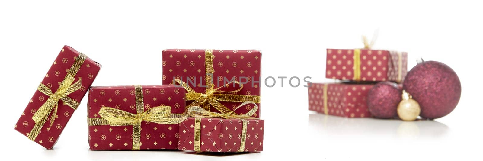 Gift boxes and Christmas decoration isolated on white background with copy space. Christmas and New Year shopping. Greeting card