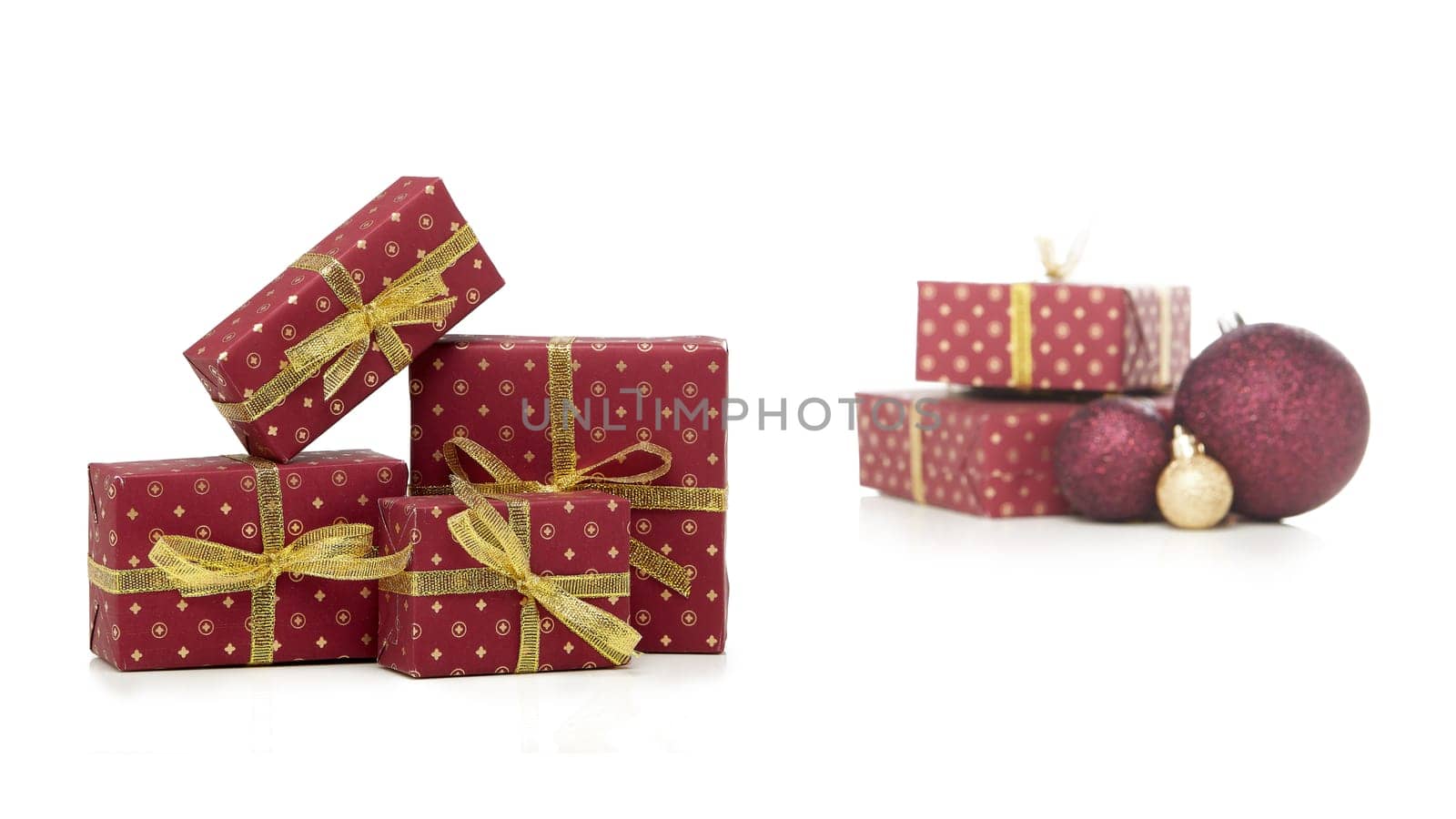 Gift boxes and Christmas decoration isolated on white background with copy space. Christmas and New Year shopping. Greeting card