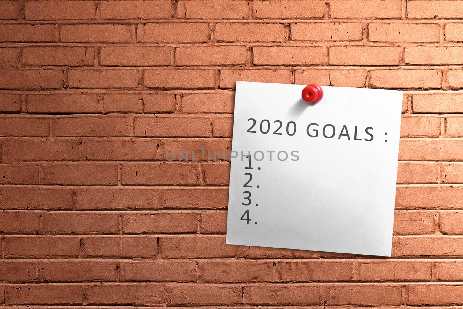 Empty list for 2020 goals in the paper pinned on the wall. Goals of 2020. Happy New Year 2020