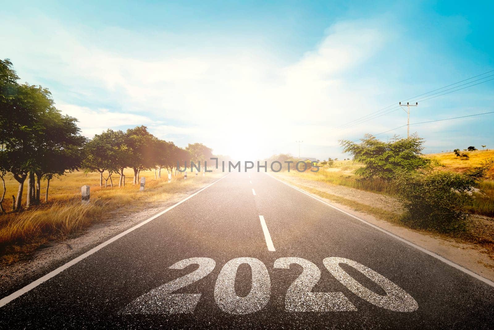 2020 on the street with sunlight background. Happy New Year 2020