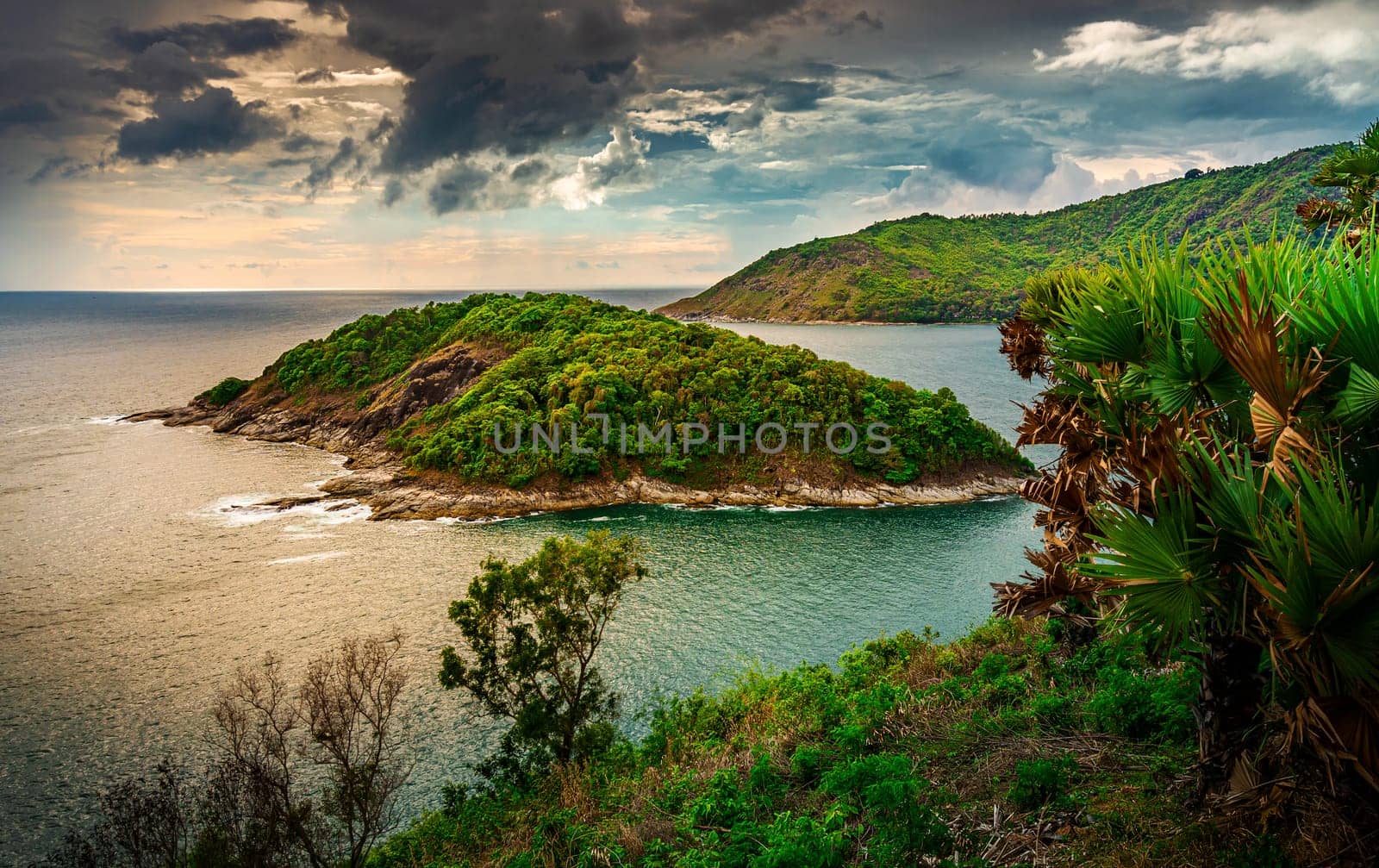 Island with seascape landscape nature with sky and cloud storm in evening light