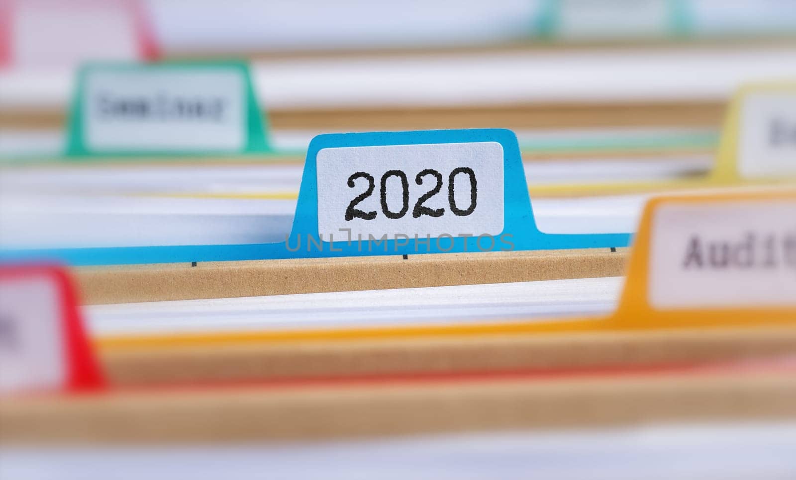 File folders with a tab labeled 2020