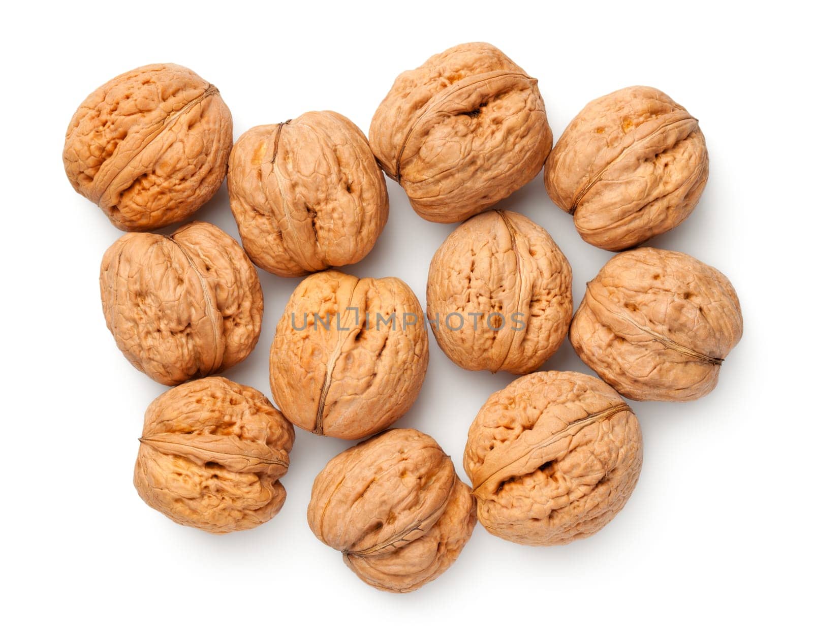 Walnuts isolated on white background. Top view, flat lay
