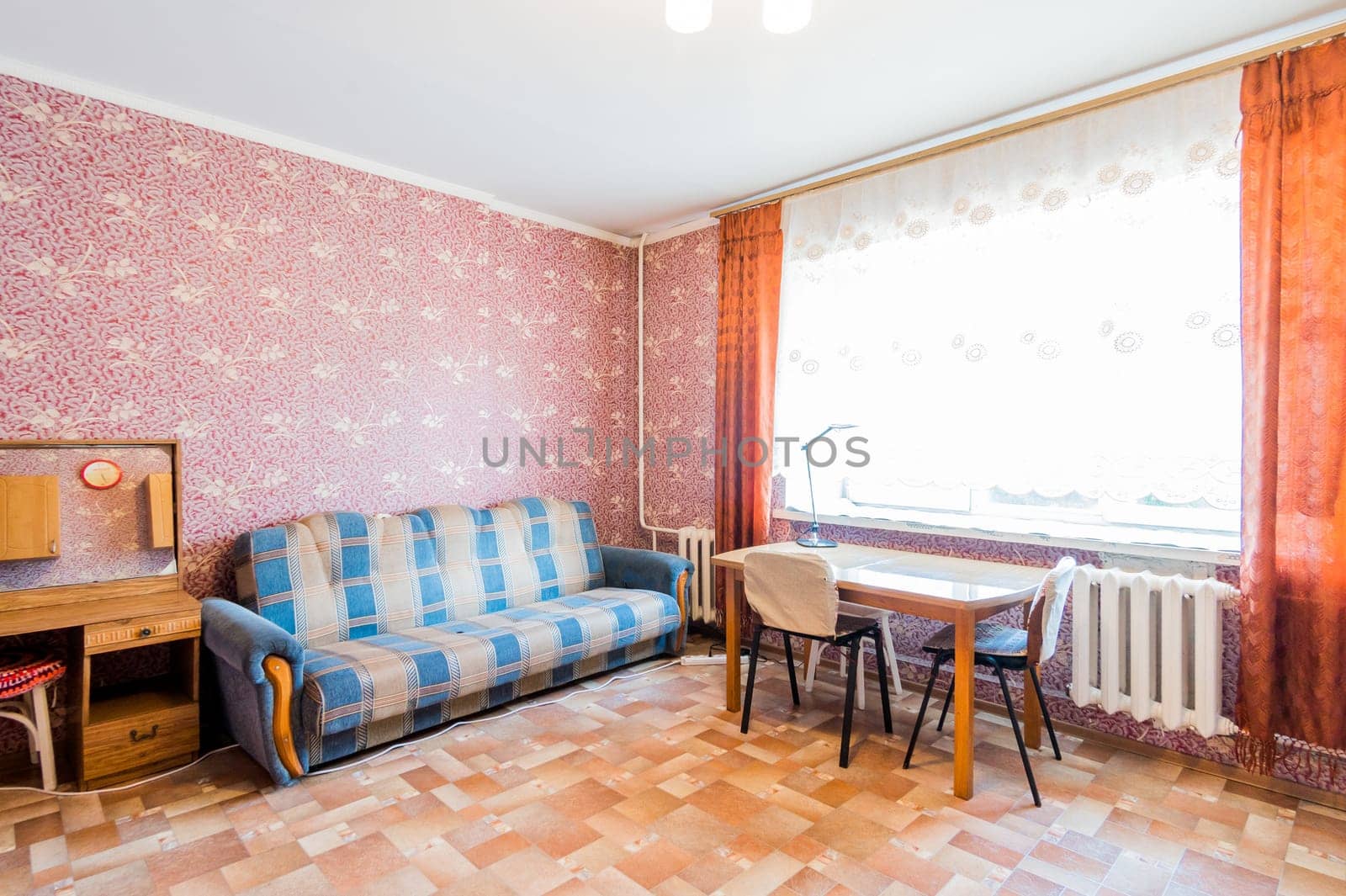 Russia, Moscow- August 01, 2019: interior room apartment. decrepit old careless not modern setting. cosmetic repairs required