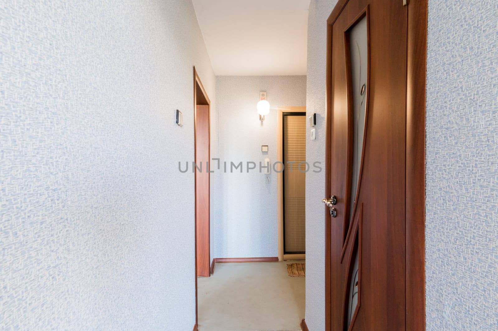 Russia, Moscow- August 01, 2019: interior room apartment. standard repair decoration in hostel. room doors, repair corridor
