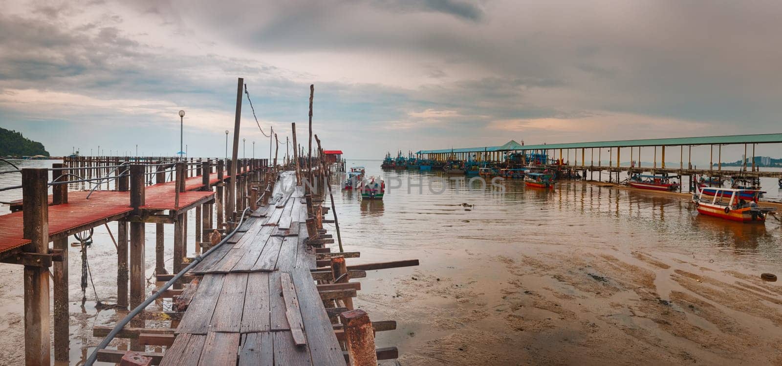 Jetty at Penang national park at rainy day, Malaysia. Panorama