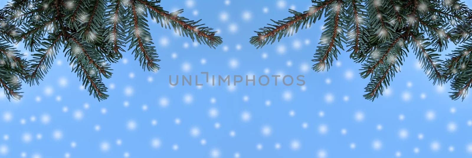 Christmas background fir branches and snowflakes against the blue sky