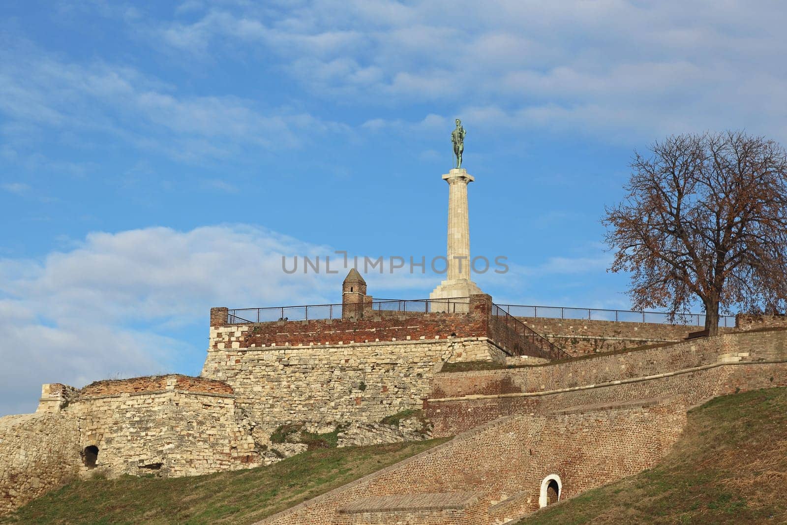 Medieval fortress with Victor monument landmark in Belgrade Serbia
