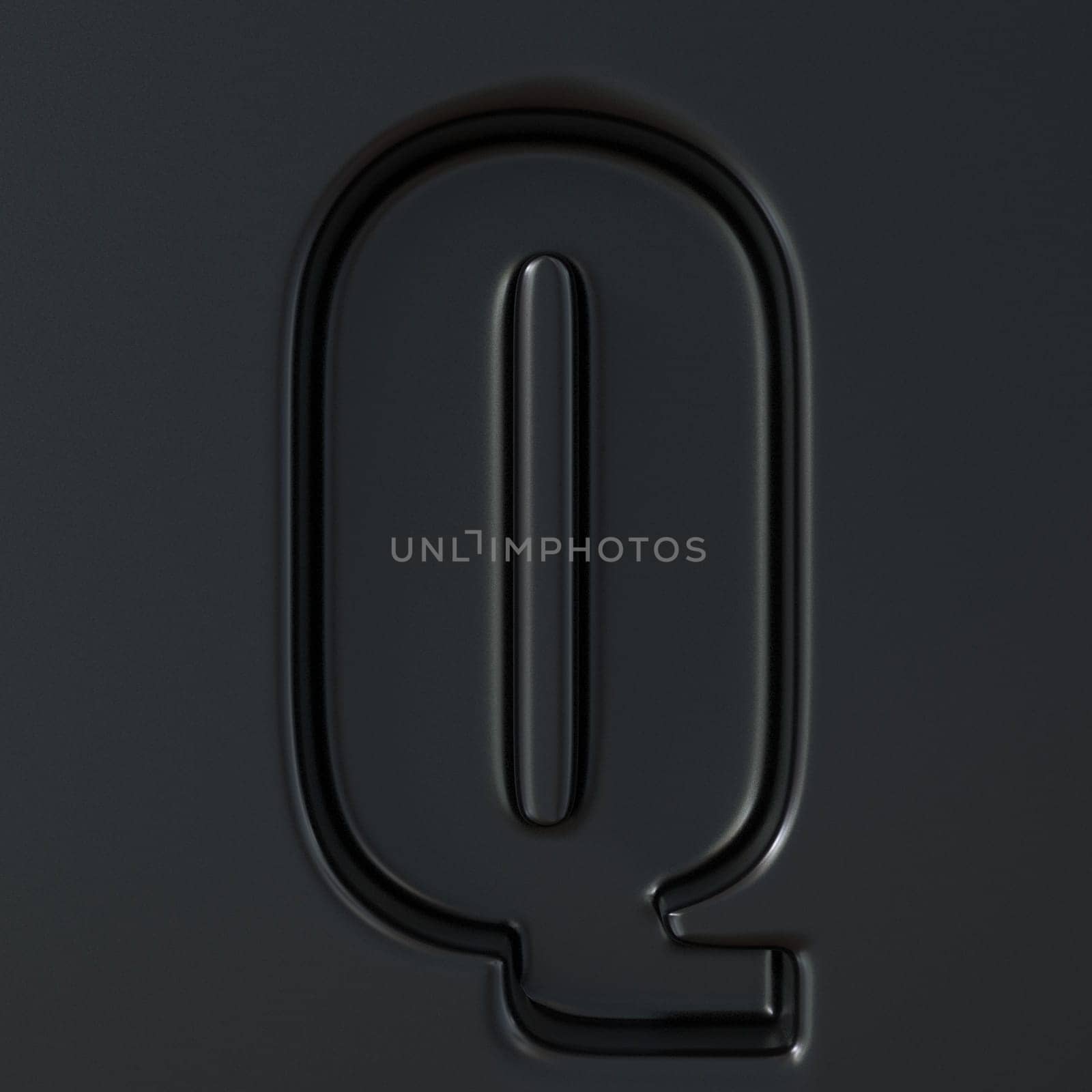 Black engraved font Letter Q 3D render illustration on black background