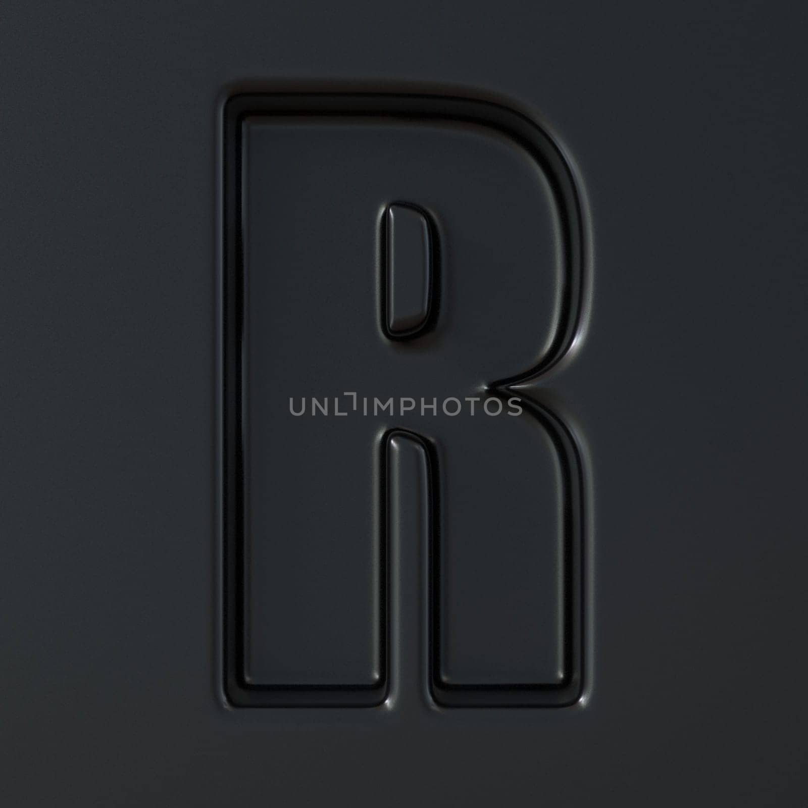 Black engraved font Letter R 3D render illustration on black background
