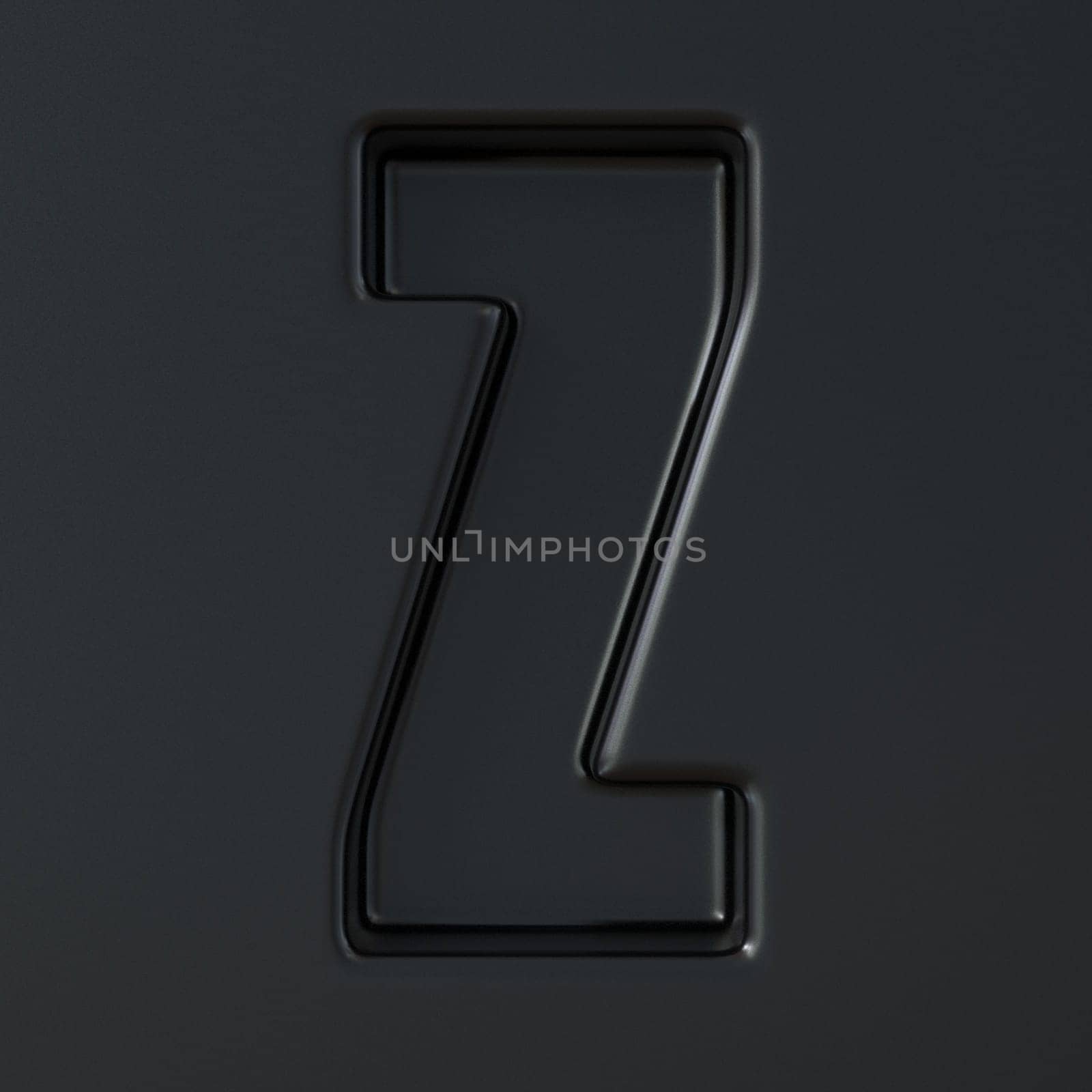 Black engraved font Letter Z 3D render illustration on black background