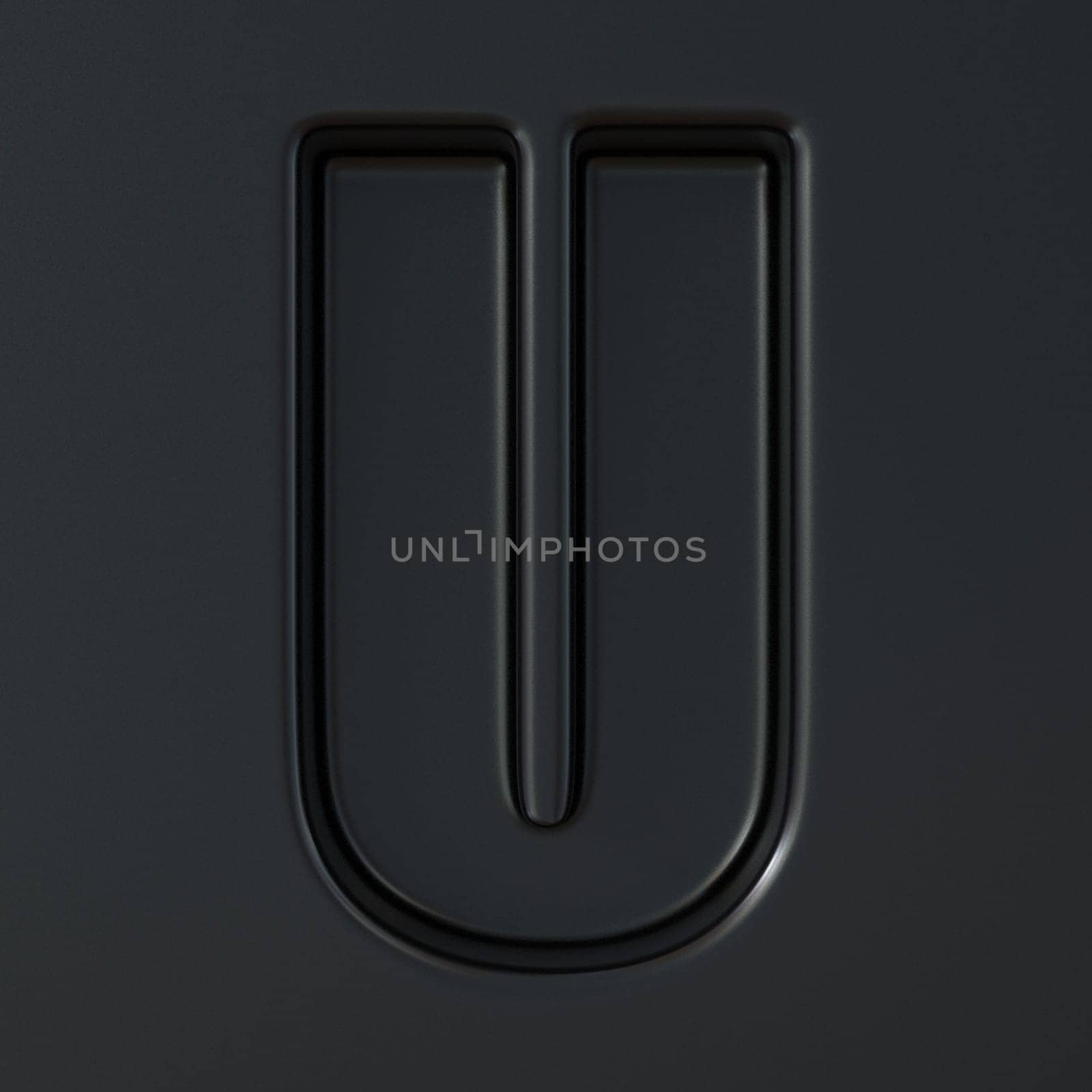 Black engraved font Letter U 3D render illustration on black background