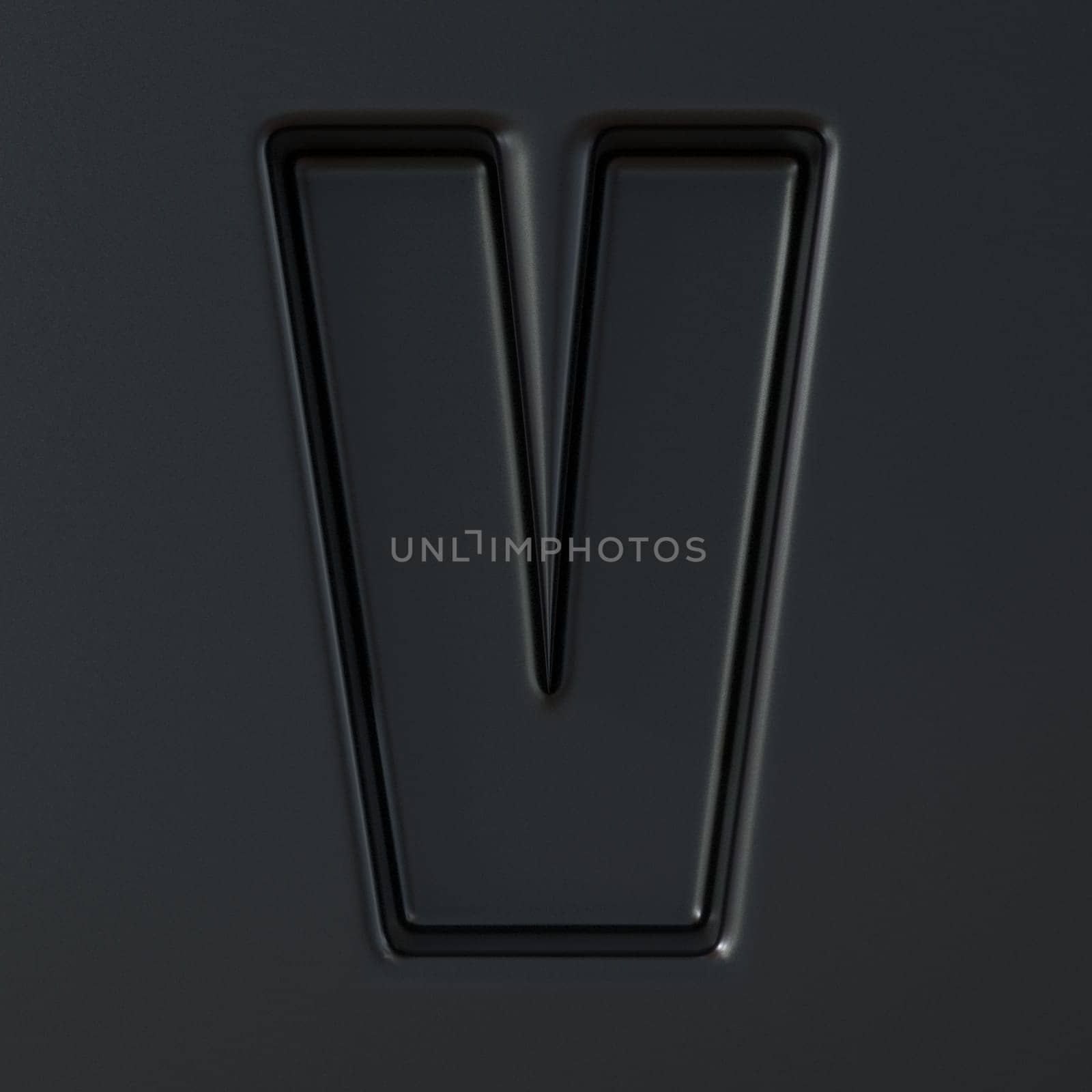 Black engraved font Letter V 3D render illustration on black background