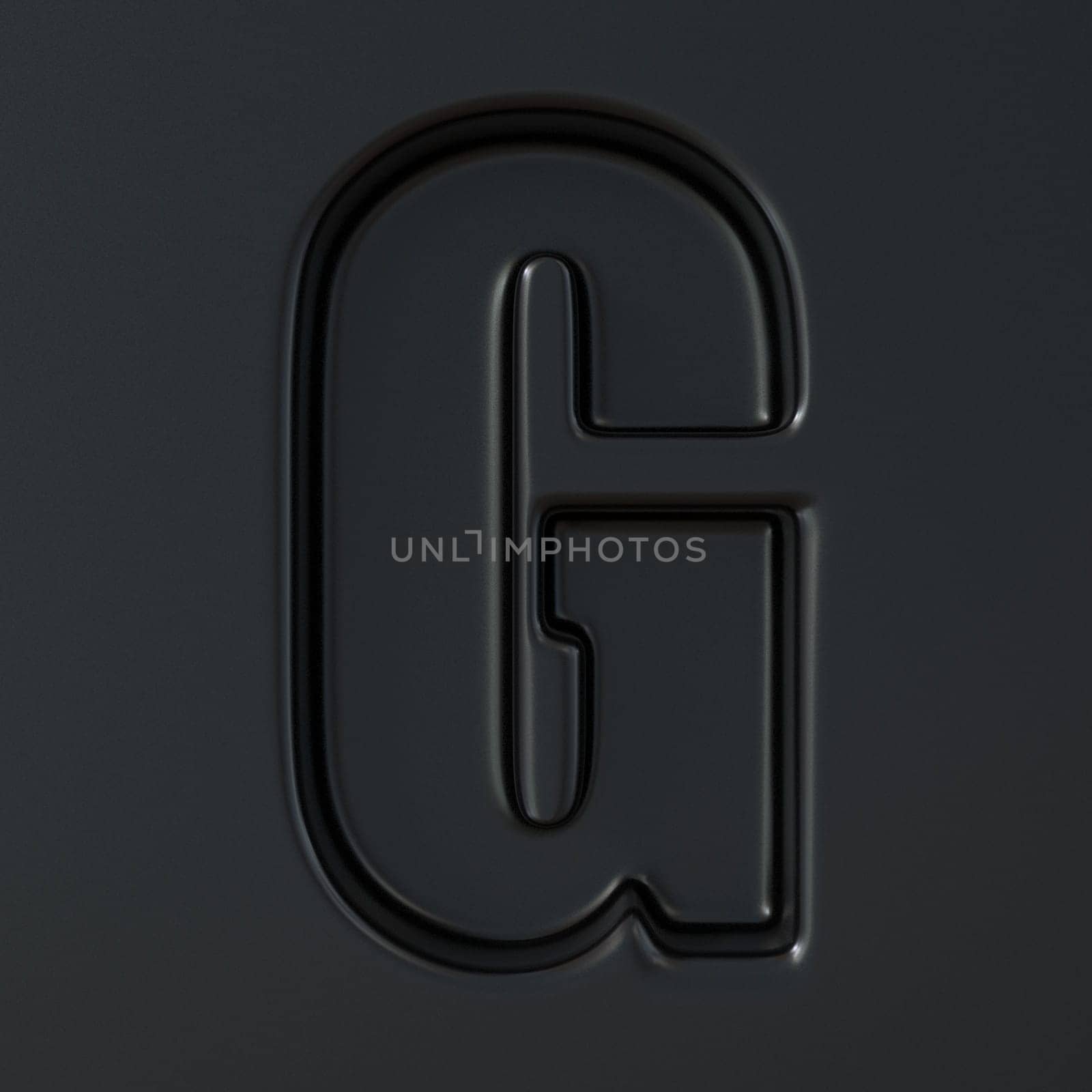 Black engraved font Letter G 3D render illustration on black background