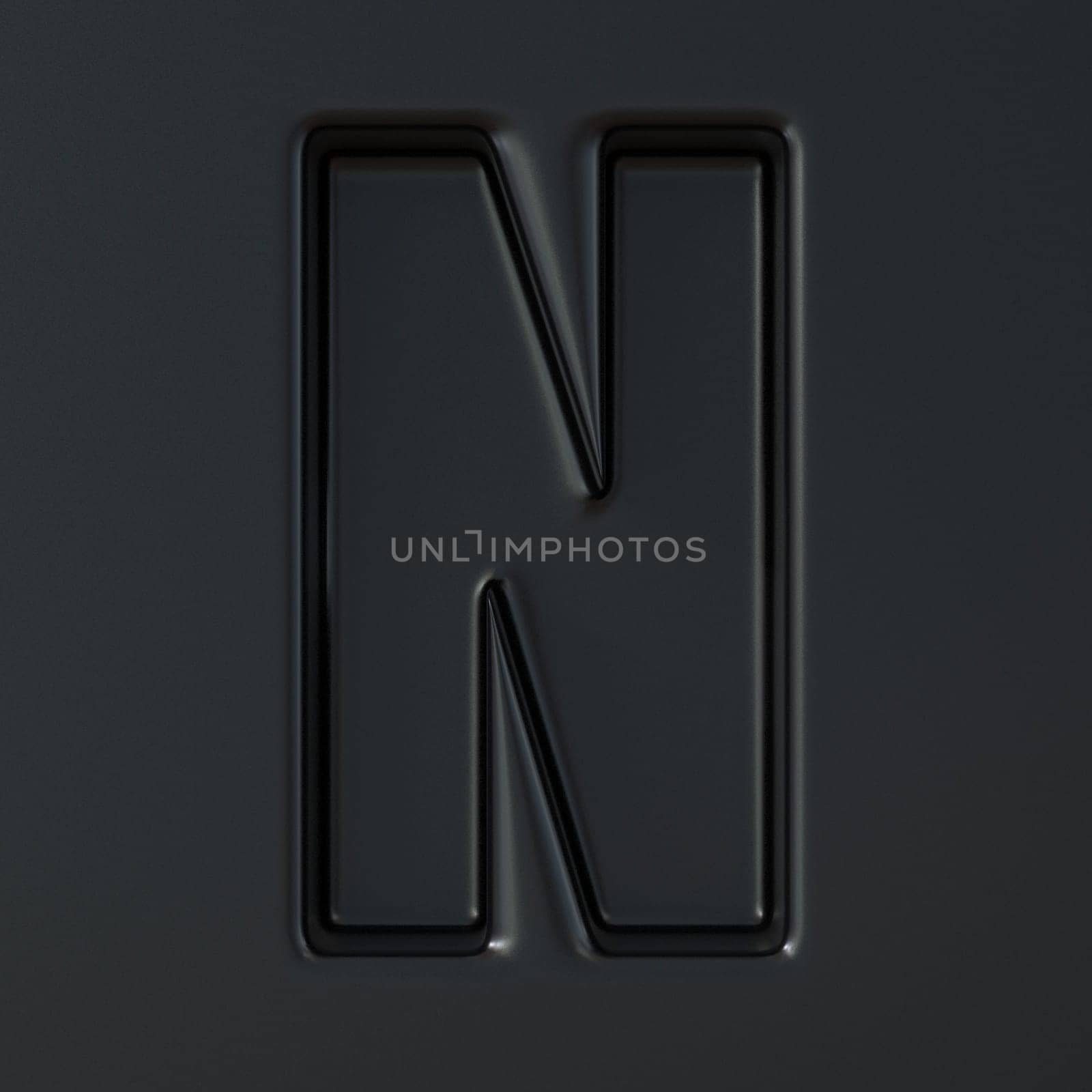 Black engraved font Letter N 3D render illustration on black background