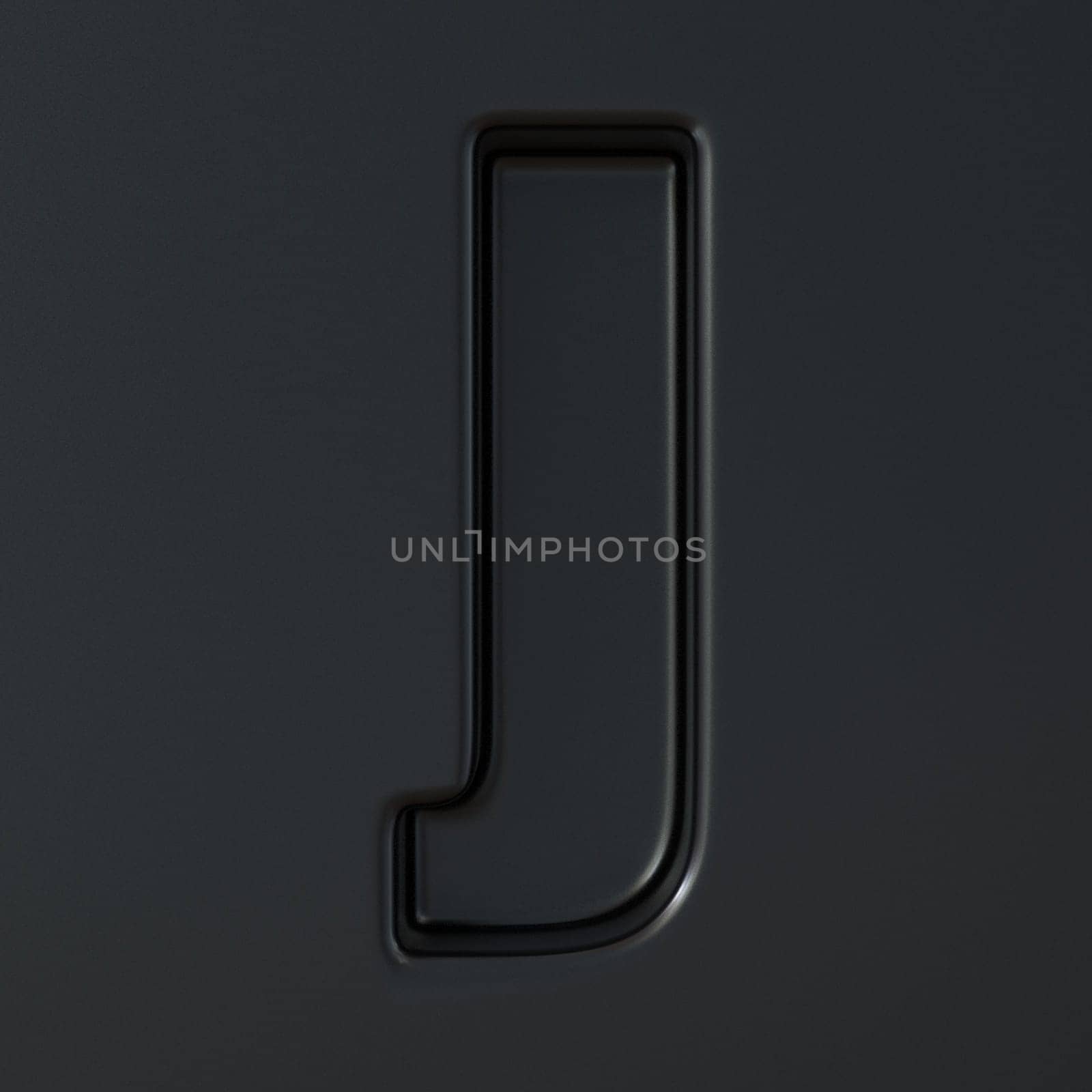 Black engraved font Letter J 3D render illustration on black background