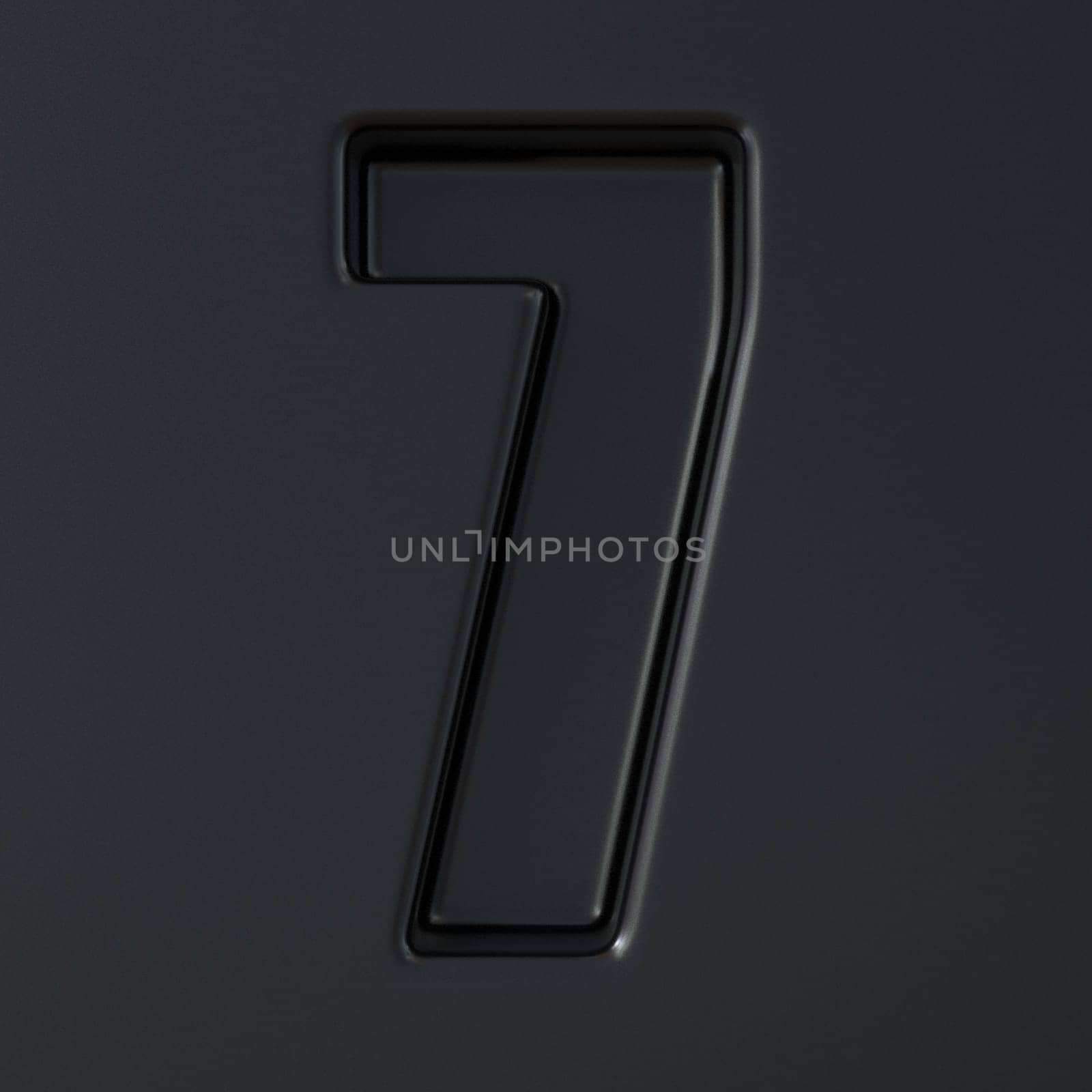 Black engraved font Number 7 SEVEN 3D render illustration on black background