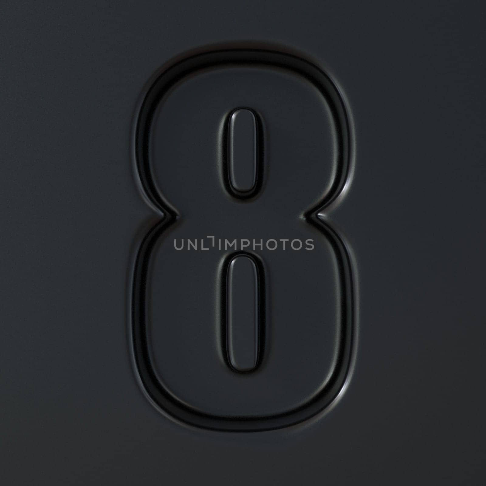 Black engraved font Number 8 EIGHT 3D render illustration on black background