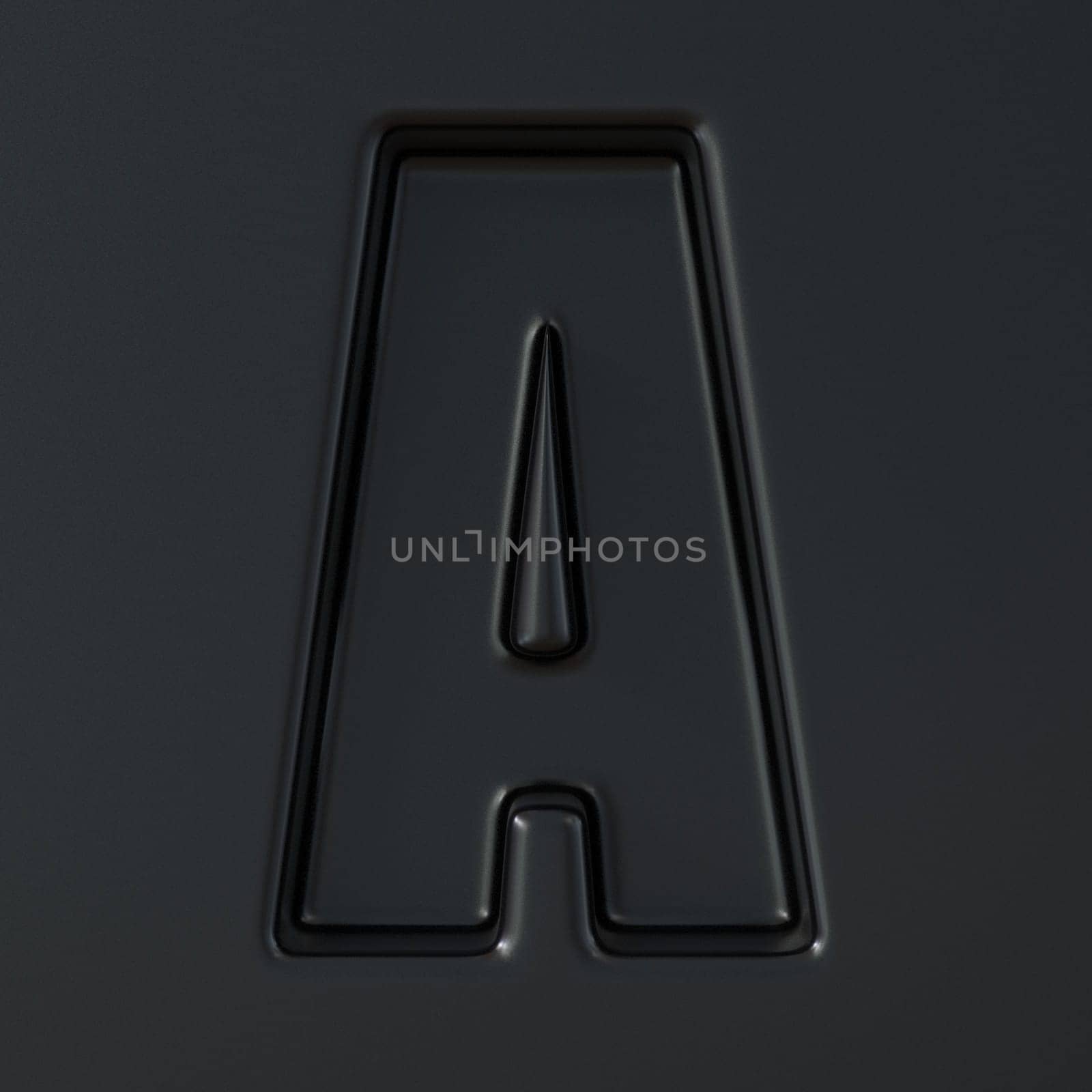 Black engraved font Letter A 3D render illustration on black background