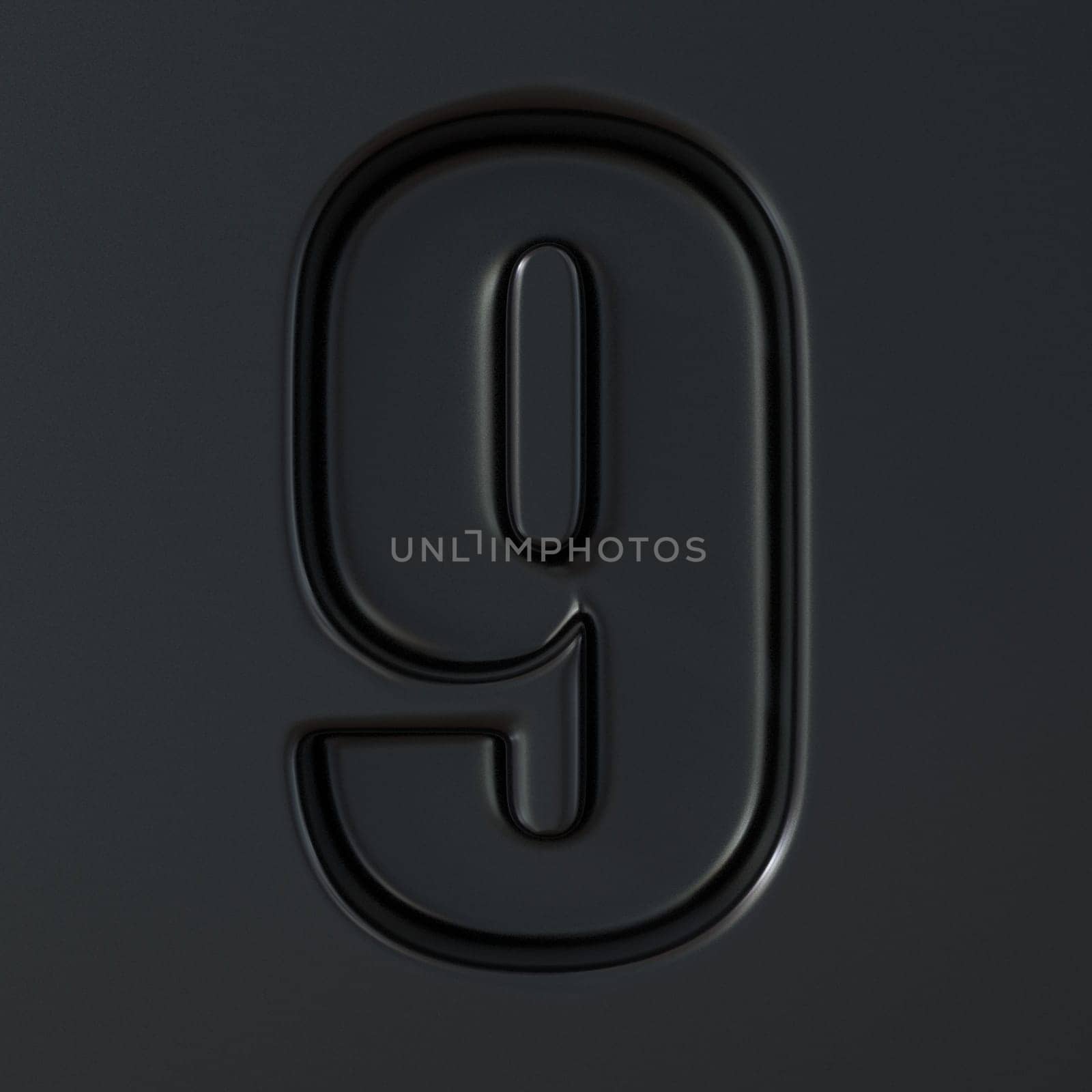 Black engraved font Number 9 NINE 3D render illustration on black background
