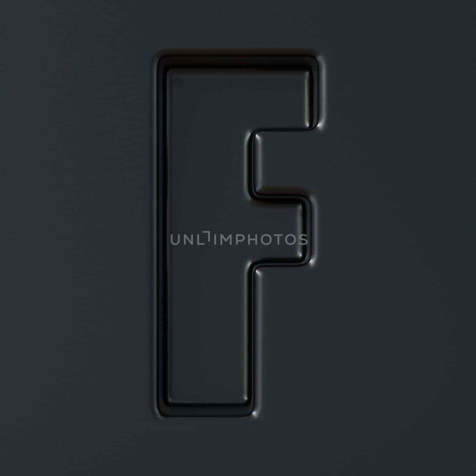 Black engraved font Letter F 3D render illustration on black background