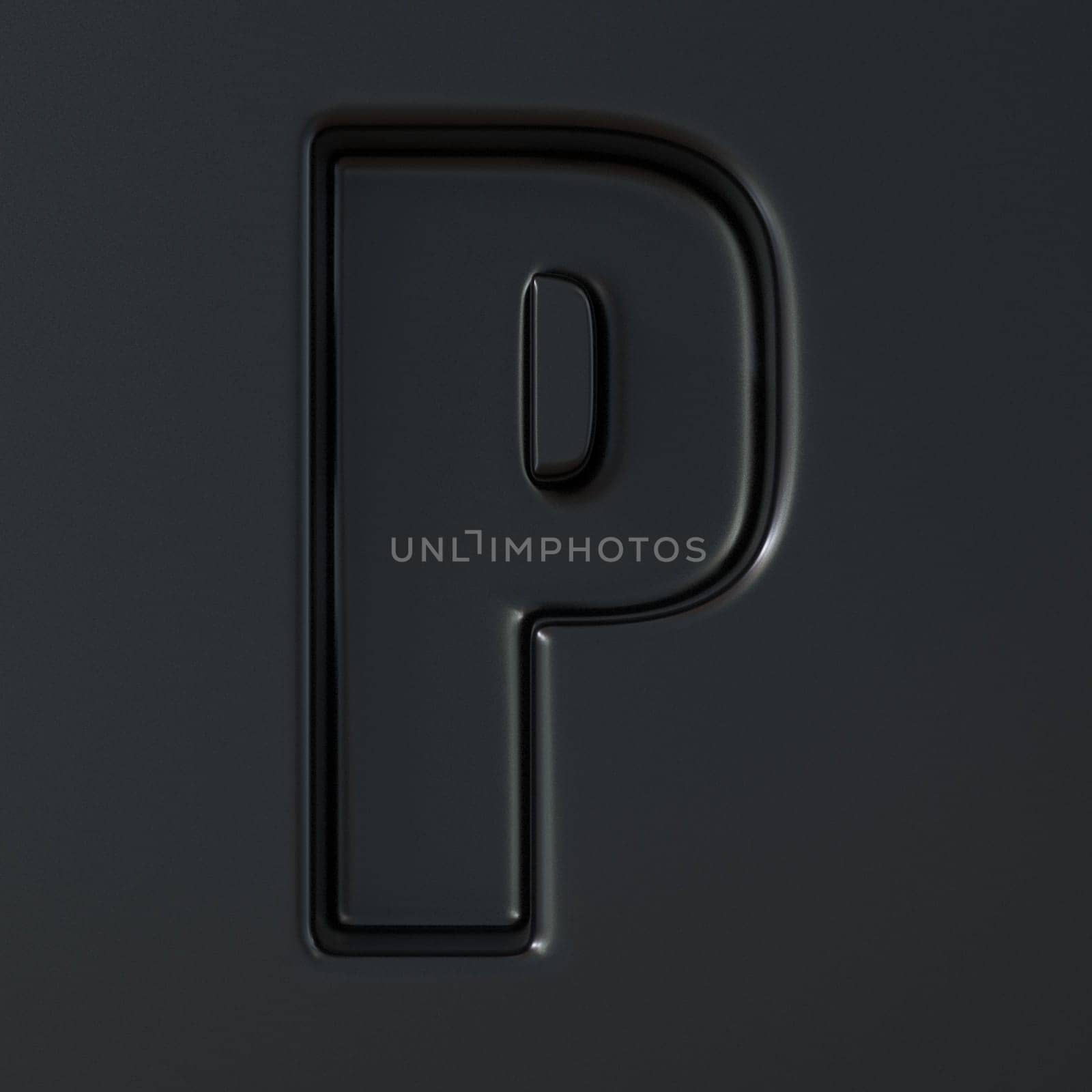 Black engraved font Letter P 3D render illustration on black background