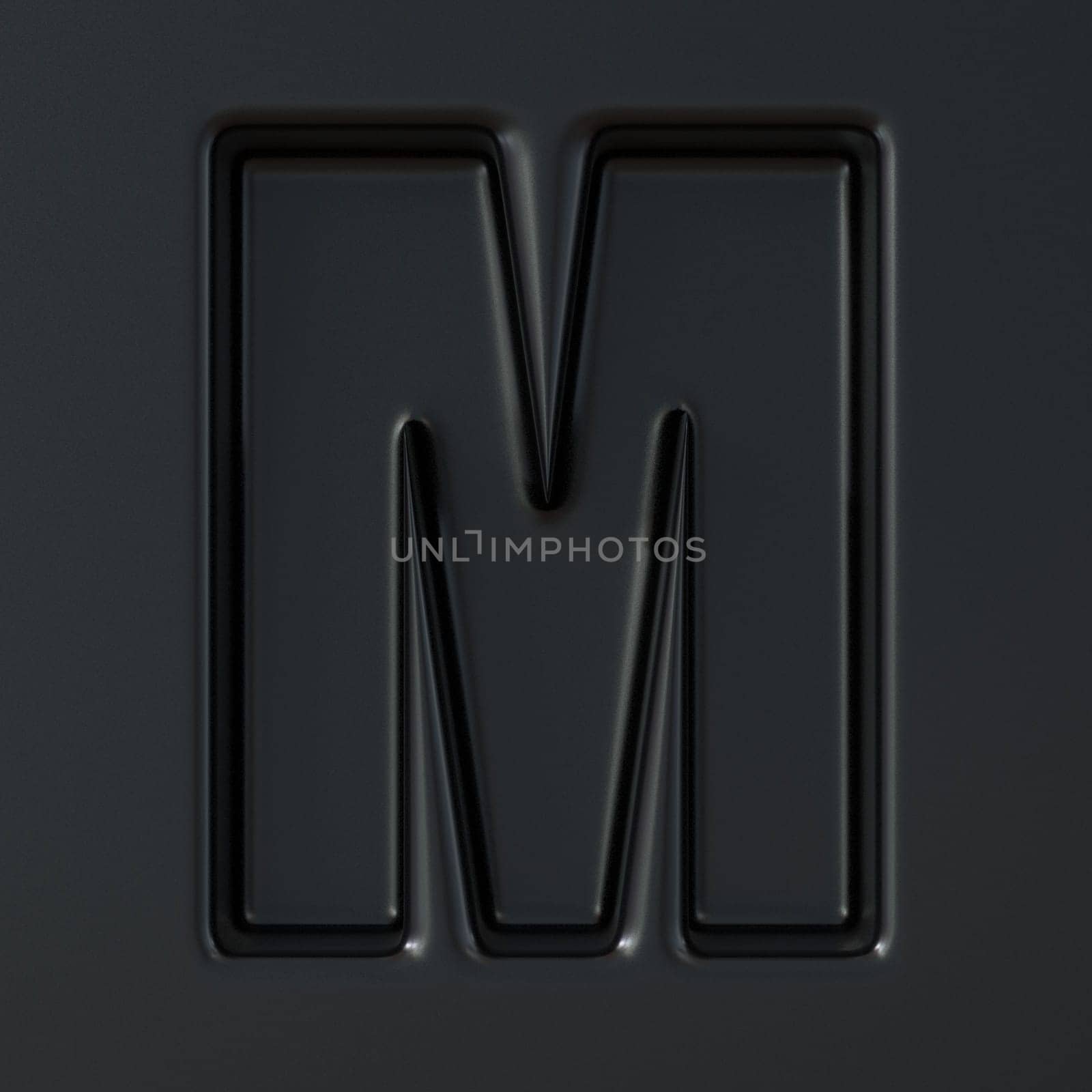 Black engraved font Letter M 3D render illustration on black background