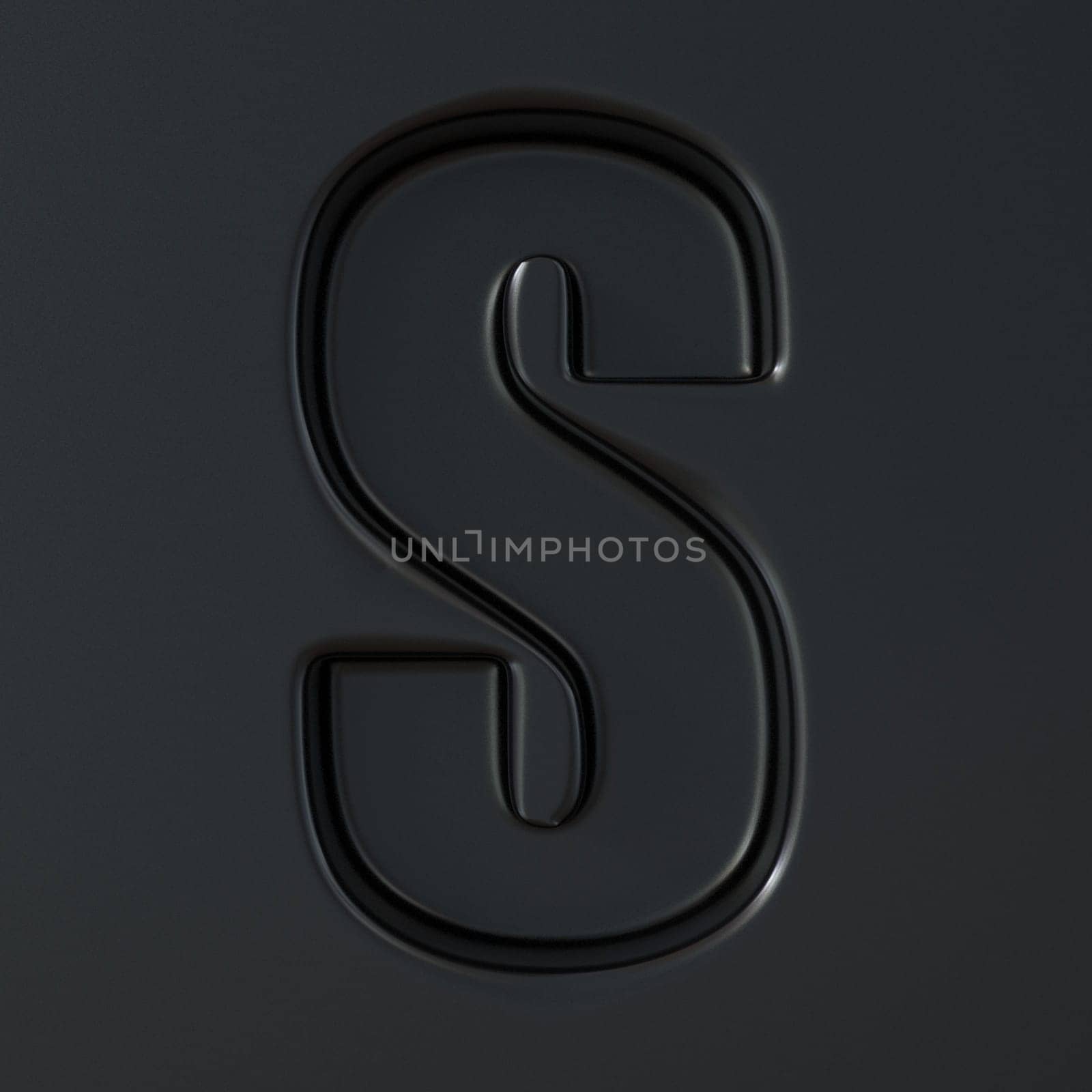 Black engraved font Letter S 3D render illustration on black background