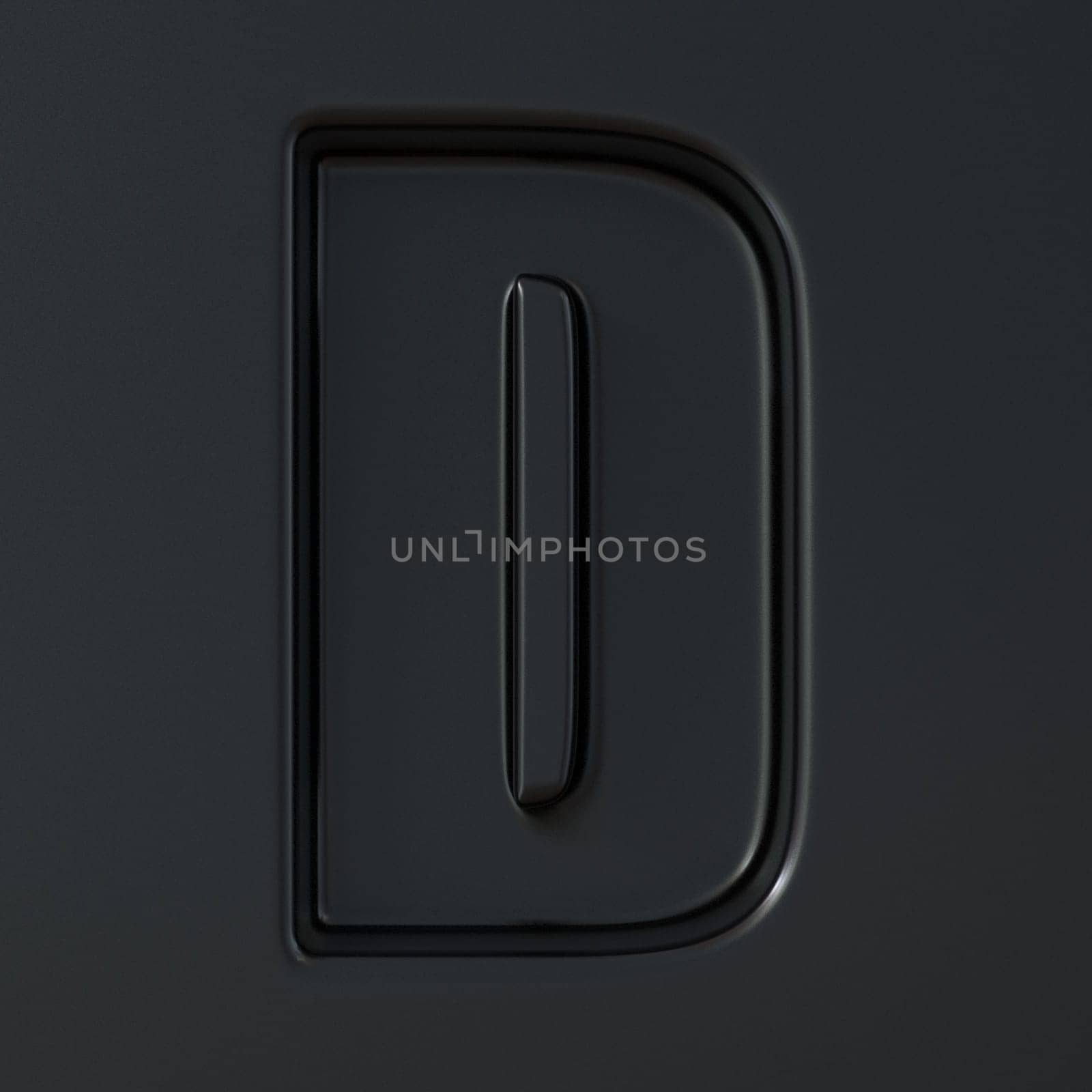 Black engraved font Letter D 3D render illustration on black background