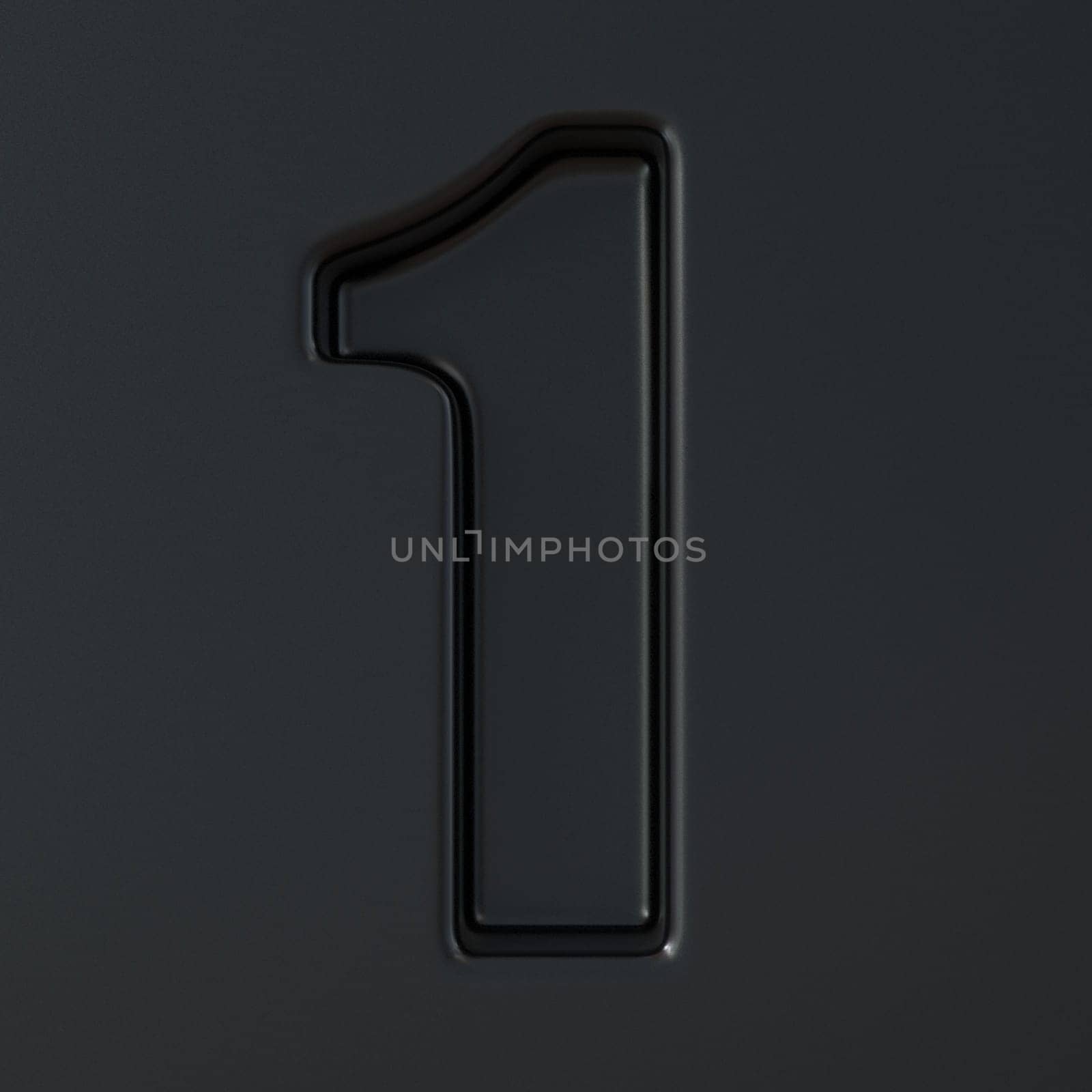 Black engraved font Number 1 ONE 3D render illustration on black background